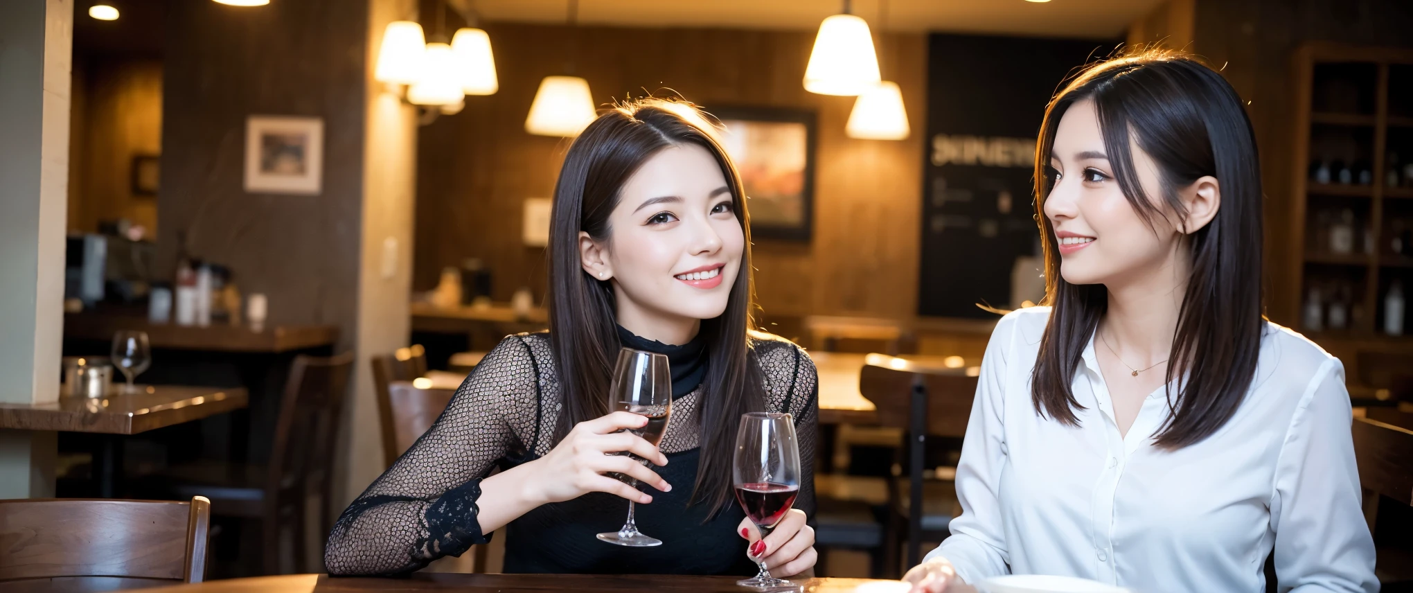 ((highest quality、8k、masterpiece:1.3))、1 male、1 female、Couple、spouse、Couple、Slim body、((Bob Hale、Straight hair:1.2)), (Realistic, Intricate details:1.2), Wine glass on the table、Shine light on your face、 Amazing view of the sunset sky and clouds、Amazing mountain views、A bright smile、The wonderfulness of smile、Bright image、The beauty of wine, Beautiful Face, blue eyes, The light shines on your face, Blushing, short hair,Bright Face、 (Age 37), 39 years old, red wine 、Appetizers、Italian food、Wine bottle、Champagne、sparkling wine、Two beauties、Brown Hair、Shortcuts、Long sleeve shirt、dress、Pretty Woman 1, (Slim face), (The body is slim), (Brown Hair), (Shortcuts), cheeks turn a little red,Attractive beauty、restaurant, In a prominent place (From the waist up) Nova Frog Style, actress, model, Upper Body, White wine, slim, wine glass, Wine glass placed in the center, smile, (smile: 1.15), Beautiful fine grain, Depth f/2,saturation, High Contrast, Strong light and shadow,Moist Body:1.5、3D texture、Delicate eyes、Brown Hair、The hair is very shiny、