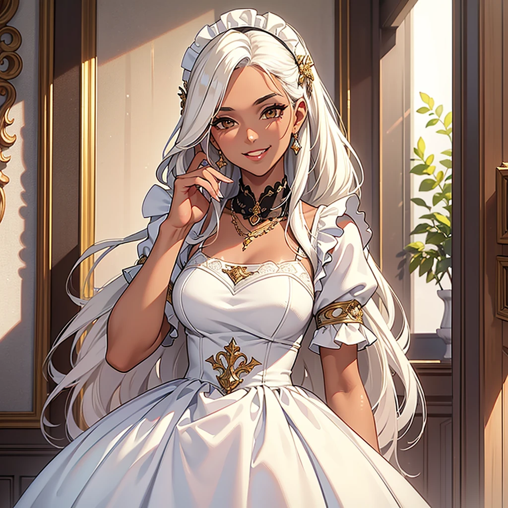 ((best quality)), ((masterpiece)), (detailed),High quality, Ultra detailed, best quality, insanely detailed, beautiful, masterpiece, White hair, long hair, (tanned skin:1.3),(classical maid),tall woman,20s,smile(brown eyes))