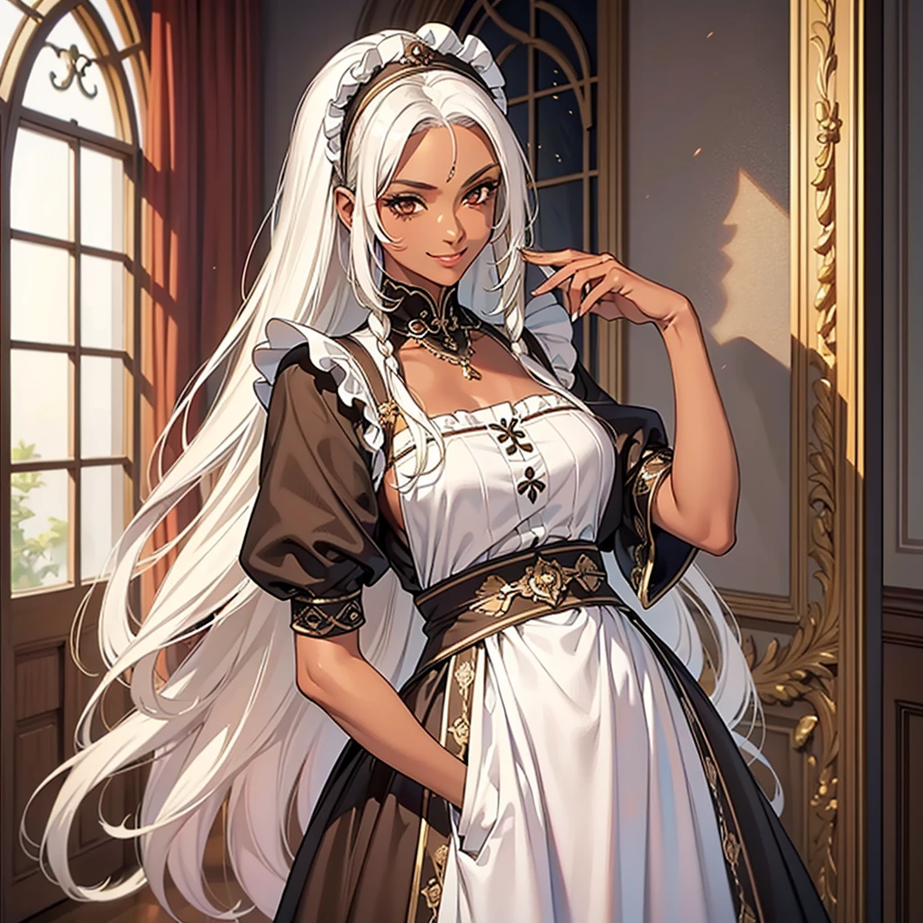 ((best quality)), ((masterpiece)), (detailed),High quality, Ultra detailed, best quality, insanely detailed, beautiful, masterpiece, White hair, long hair, (tanned skin:1.3),(classical maid),tall woman,20s,smile(brown eyes))