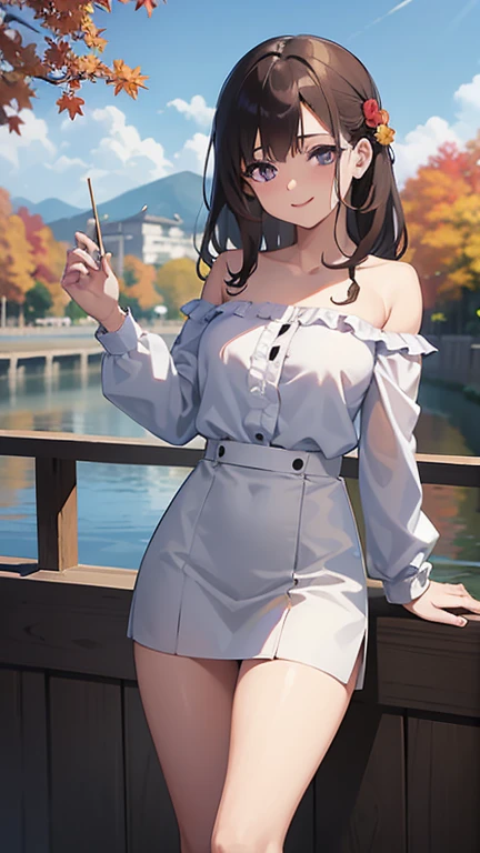 Perfect Anatomy,born,8k,High resolution,非常にDetailed肌,Beautiful fine details,Detailed,One girl,alone,uniform、(Yuki_madoka),Purple eyes,Brown Hair,(Medium fluffy hair),Slender body,Beautiful slim legs,Two-dimensional painting,(Medium chest),White shirt, Frills,Off the shoulder,smile,she,Arashiyama and beautiful background,excursion,autumn,View Viewer,front_Audience,Faint lips,morning,Backlight,autumn leaves,Kyoto City,throw_male,from_Under