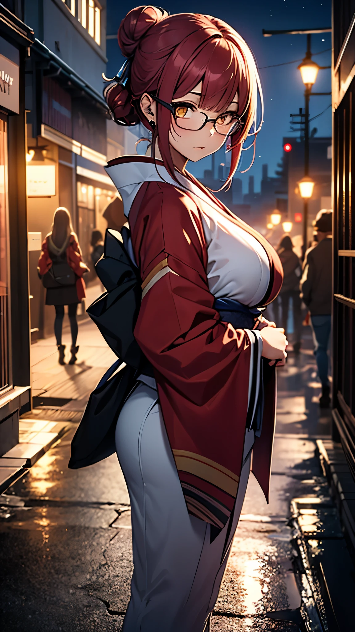 (1girl:1.3), Masterpiece, Best quality, amazing beauty, [[3D]], 4K, absurdres, finely detail, super detailed eye, perfect anatomy, official art, cinematic lighting, BREAK, Night of the full moon, stone staircase, silky bun hairstyle, blunt bangs, red hair, super shiny detailed yellow eyes, cute eyes, thin eyebrow, Staring, facing this way, close-mouth, rouge, Eyeshadow, glasses, piercing, embarrassed, BREAK , big breasts, tall, slim, fair skin, glistening skin, walking, full body, from side, wearing a kimono, Kimono of extreme colors, Spotlight, BREAK , , BREAK,(Glasses)