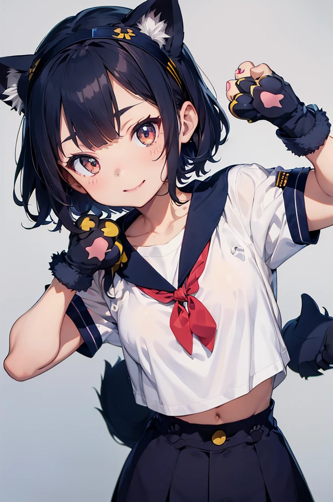 flat color,(1girl,japanese,15yo,(Paw hair accessory,(navy Paw Glove:1.5)),Cat ears headband,arms up,detailed face,BREAK (navy hair,wavy-short hair),parallel eyebrows,navy eyes with large irises,blunt bangs,small nose, fresh lips,smile,small breasts,(5feet tall)),very happy,runway, BREAK, jumping, Oversized cat t-shirts,short cargo pants,high-top sneakers,pink,fullfigure,