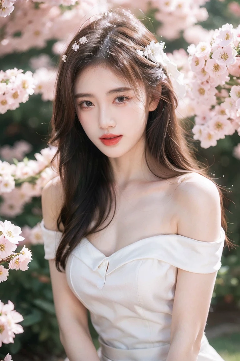 Best quality, masterpiece, ultra high res, (photorealistic:1.4), raw photo, 1girl, white dress, off shoulder, blossom flower field, glowing skin, light smile