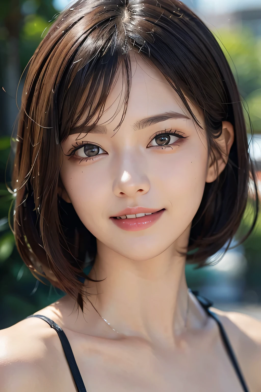 (8k, RAW Photos, highest quality, masterpiece, Realistic, Realistic), (1 female), (The ultimate beautiful middle-aged woman), Highly detailed face, (Perfect Teeth), Beautiful Eyes, double eyelid, eyelash, smile, Lip details, Brunette Bob, The light shines on your face, ((Micro Bikini)), ((Cowboy Shot)), (background: none), ((backgroundぼかし))