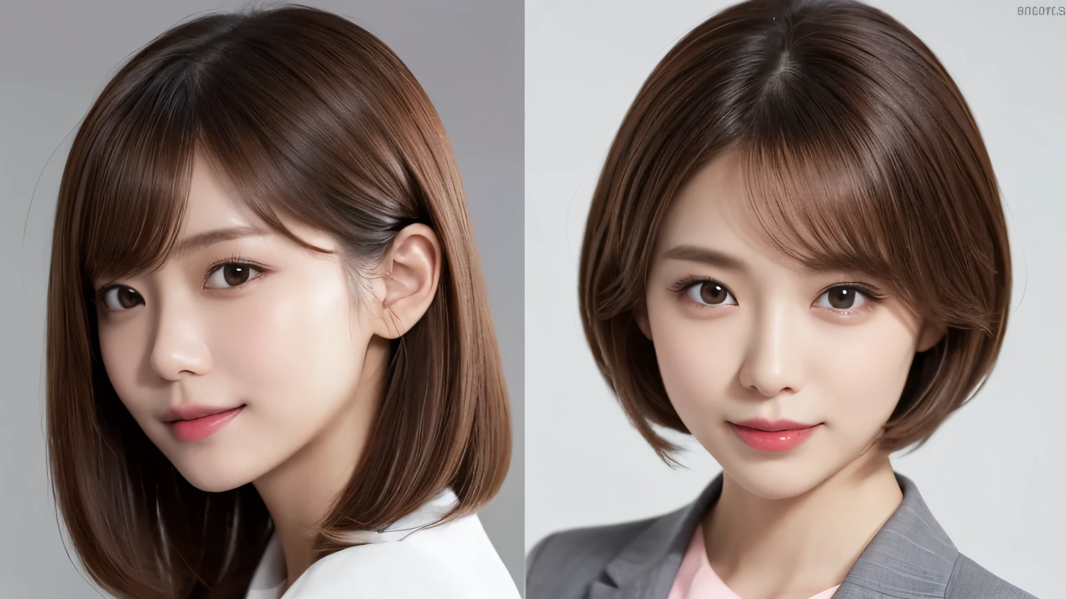 (Very detailed CG Unity 8k wallpaper, highest quality, Very detailed, Looking at the camera:1.2, The light shines on your face:1.5, Gray background, Professional Lighting), Japan female, 26 years old, Upper body composition with brightly lit face. She has an oval face, Soft arched eyebrows, bright expressive eyes,, pronounced nose, And a friendly smile. Her hair is shoulder-length, straight, Dyed a light chestnut color. She is wearing a smart casual blouse, Probably soft colors, Paired with a chic blazer, Embody her lively and sociable personality