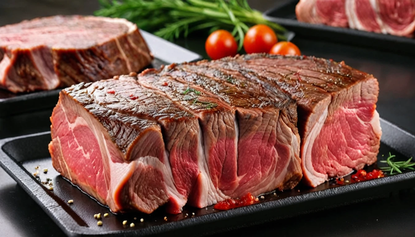 (masterpiece:1.2), (best quality), (ultra detailed), (8k, 4k, intricate),(highly detailed:1.2), (detailed background),detailed landscape, ((portrait)), food style, food, blurry, cup, depth of field, table, food focus, Red rib meat for sale in meat department in a shop. RAW fresh meat ribeye for steak perfectly arranged in trays, --ar16:9, Canon EOS 250D, 128K UHDR Best Quality, (masterpiece:1.2), (best quality), ultra-detailed), focus, (8k, 4k, intricate), (highly detailed:1.2), (detailed background), detailed landscape, ((portrait)), dramatic light, Rembrandt lighting scheme, (hyperrealism:1.2), (8K UHD: 1.2), ( photorealistic:1.2)