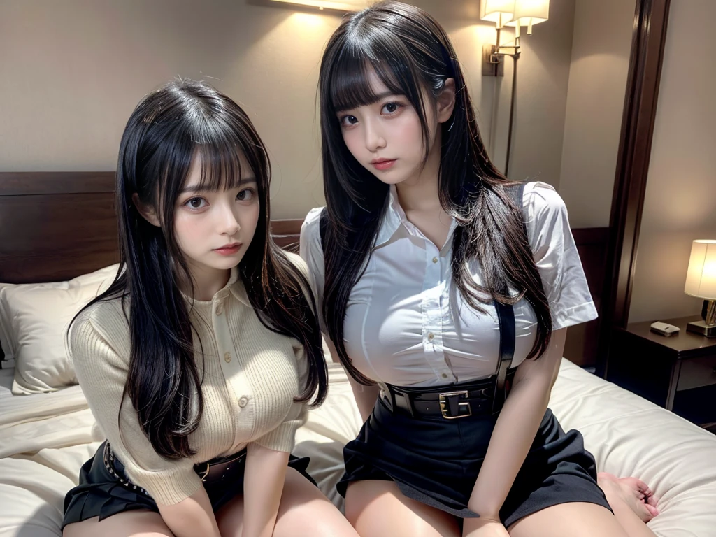 master piece, best quality, illustration, Super detailed, fine details, High resolution, 8K,wall paper, perfect dynamic composition,(Details High quality, realistic depiction of eyes:1.3),((2 girls)), (Fashionable, a belt black suspenders, Aside Cutter Shirt, a miniskirt, garterbelts), short bob hair, large breasts, black hair color, Big Natural Color Lip, (perfect body shape), Touching each other's bodies,Touching the body of the girl next door,crying a little、cold gaze, Harajuku style、20 year old girl、beautiful legs, hotel room, Gravure Idol, Voluptuous thighs, (woman on top, straddling, sitting)