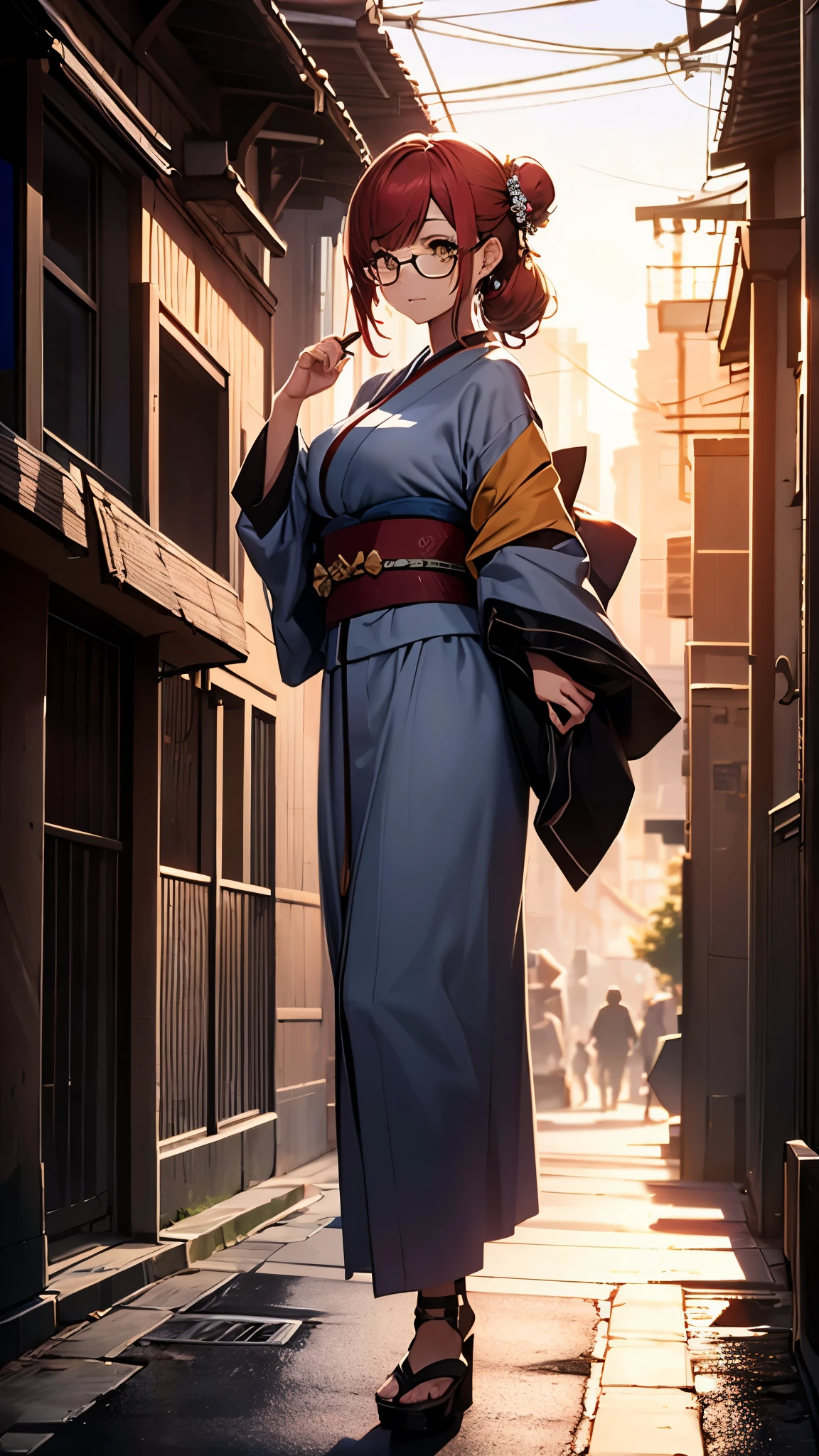 (1girl:1.3), Masterpiece, Best quality, amazing beauty, [[3D]], 4K, absurdres, finely detail, super detailed eye, perfect anatomy, official art, cinematic lighting, BREAK, Night of the full moon, stone staircase, silky bun hairstyle, blunt bangs, red hair, super shiny detailed yellow eyes, cute eyes, thin eyebrow, Staring, facing this way, close-mouth, rouge, Eyeshadow, glasses, piercing, embarrassed, BREAK , big breasts, tall, slim, fair skin, glistening skin, walking, full body, from side, wearing a kimono, Kimono of extreme colors, Spotlight, BREAK , , BREAK,(Glasses)