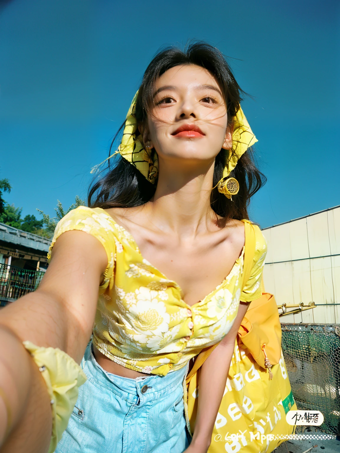 Arapa woman taking a selfie with a bag in her hand, wearing a yellow top, wearing a yellow floral blouse, yellow, yellow theme wavy hair, 1950s atmosphere, aesthetics of 5 0, selfie of young woman, with yellow cloths, Best Face, bright and sunny, wearing yellow wheat gauze, lopi girl aesthetic