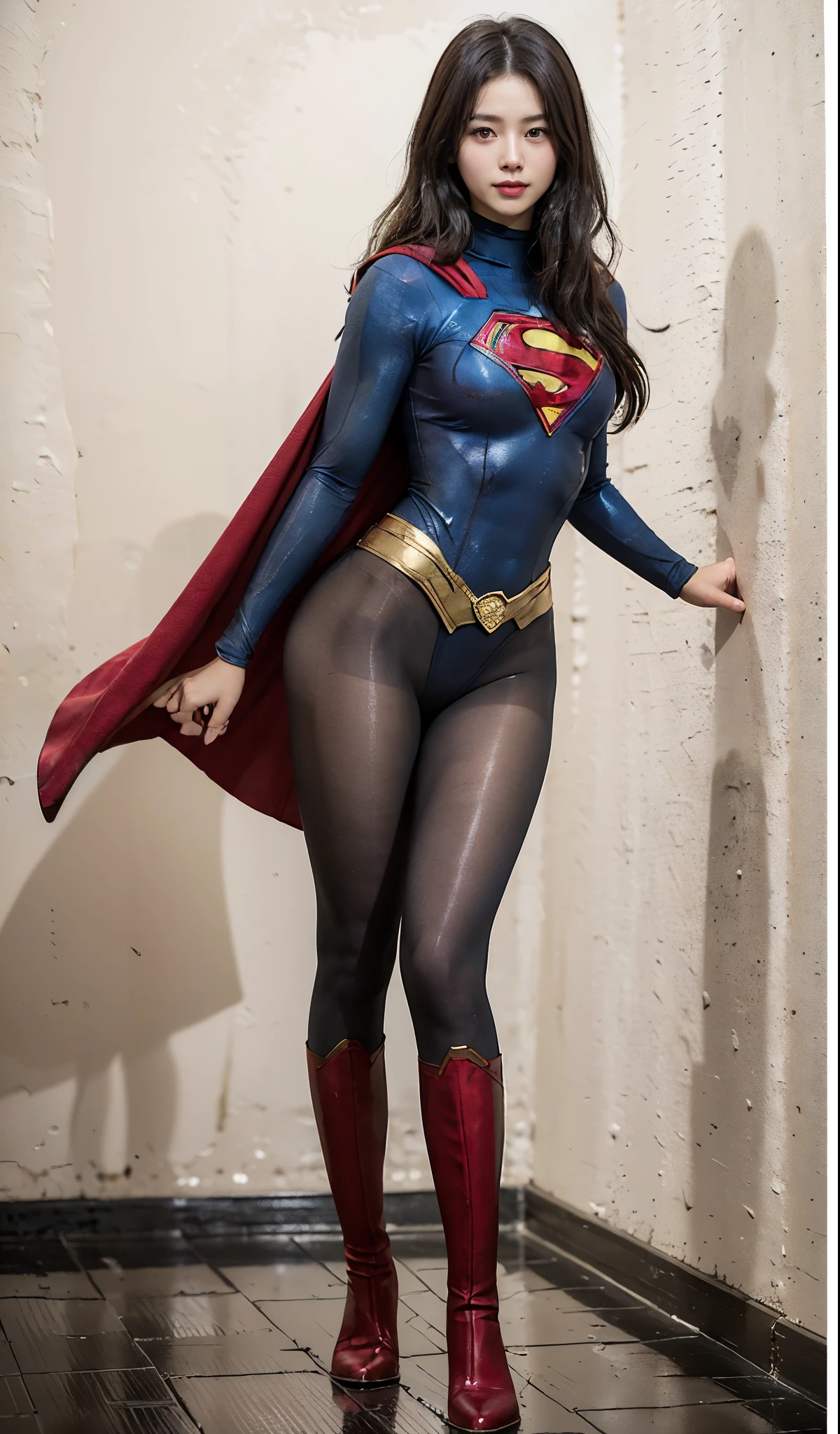 No background、(((Beautiful legs in black tights.)))、(((Legally express the beauty of your smile)))、((((Make the most of your original images)))、(((Body-hugging Supergirl costume)))、(((Beautiful Hair)))、(((suffering)))、(((Please wear black tights....、Wear red boots)))、((Best image quality、8k))、((highest quality、8k、masterpiece:1.3))、(((Preserve background )))、Sharp focus:1.2、Beautiful woman with perfect figure:1.4、Slim Abs:1.2、Wet body:1.5、Highly detailed face and skin texture、8k