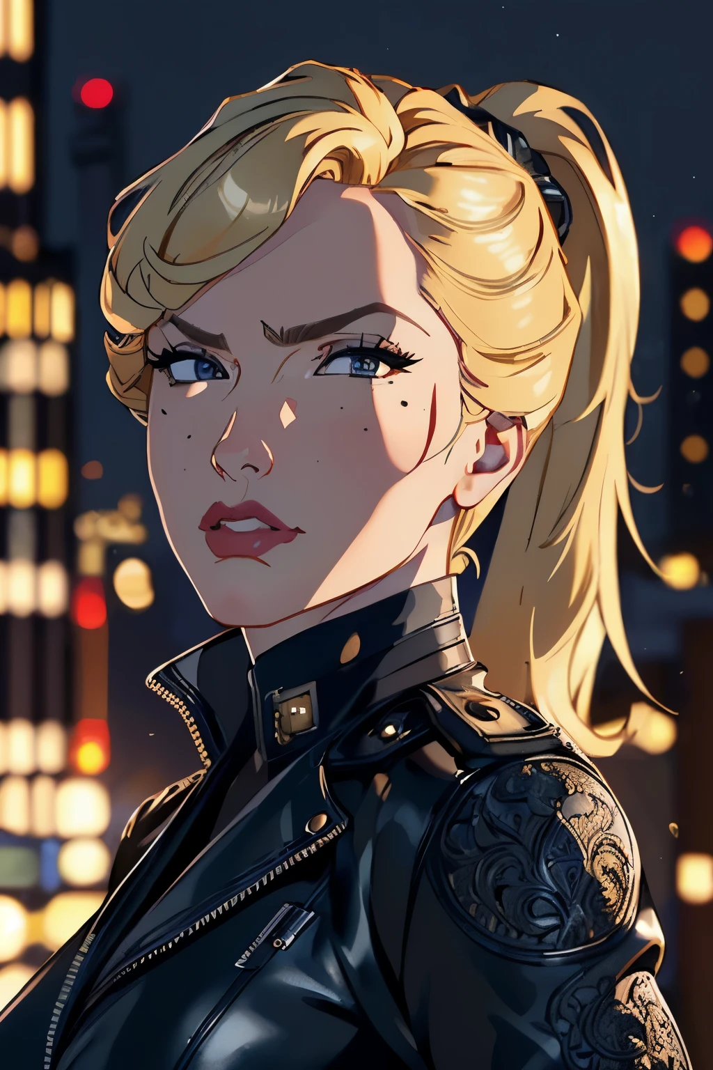 (masterpiece:1.2), (best quality), (ultra detailed), (8k, 4k, intricate),(highly detailed:1.2),(detailed face:1.5),(dynamic pose:1.2), woman, police uniform, black leather jacket, blonde hair, high ponytail with bangs, makeup, crossed arms, night city