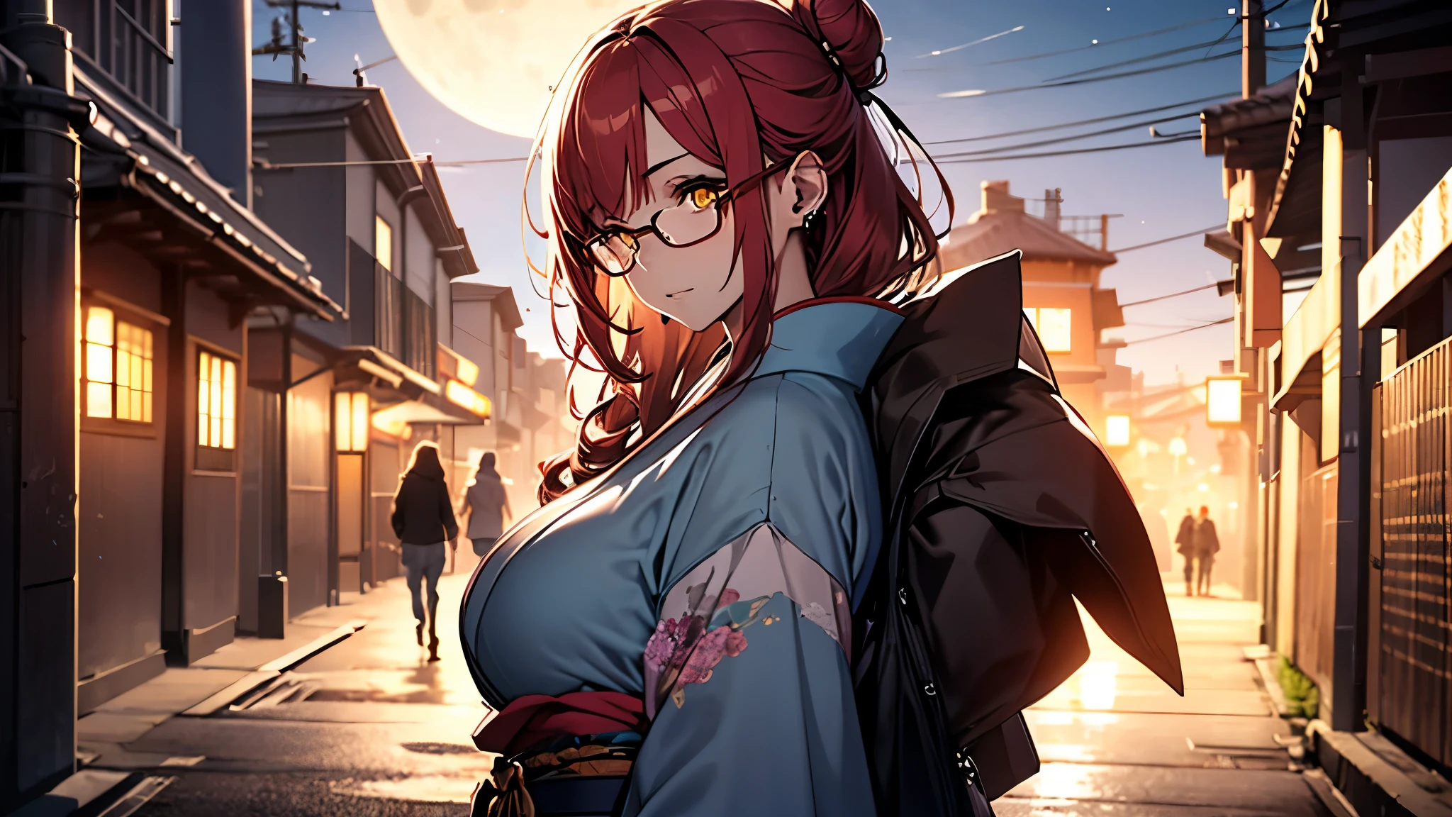 (1girl:1.3), Masterpiece, Best quality, amazing beauty, [[3D]], 4K, absurdres, finely detail, super detailed eye, perfect anatomy, official art, cinematic lighting, BREAK, Night of the full moon, field, silky bun hairstyle, blunt bangs, red hair, super shiny detailed yellow eyes, cute eyes, thin eyebrow, Staring, facing this way, close-mouth, rouge, Eyeshadow, glasses, piercing, embarrassed, BREAK , big breasts, tall, slim, fair skin, glistening skin, walking, full body, from side, wearing a kimono, Kimono of extreme colors, Spotlight, BREAK , , BREAK,(Glasses)
