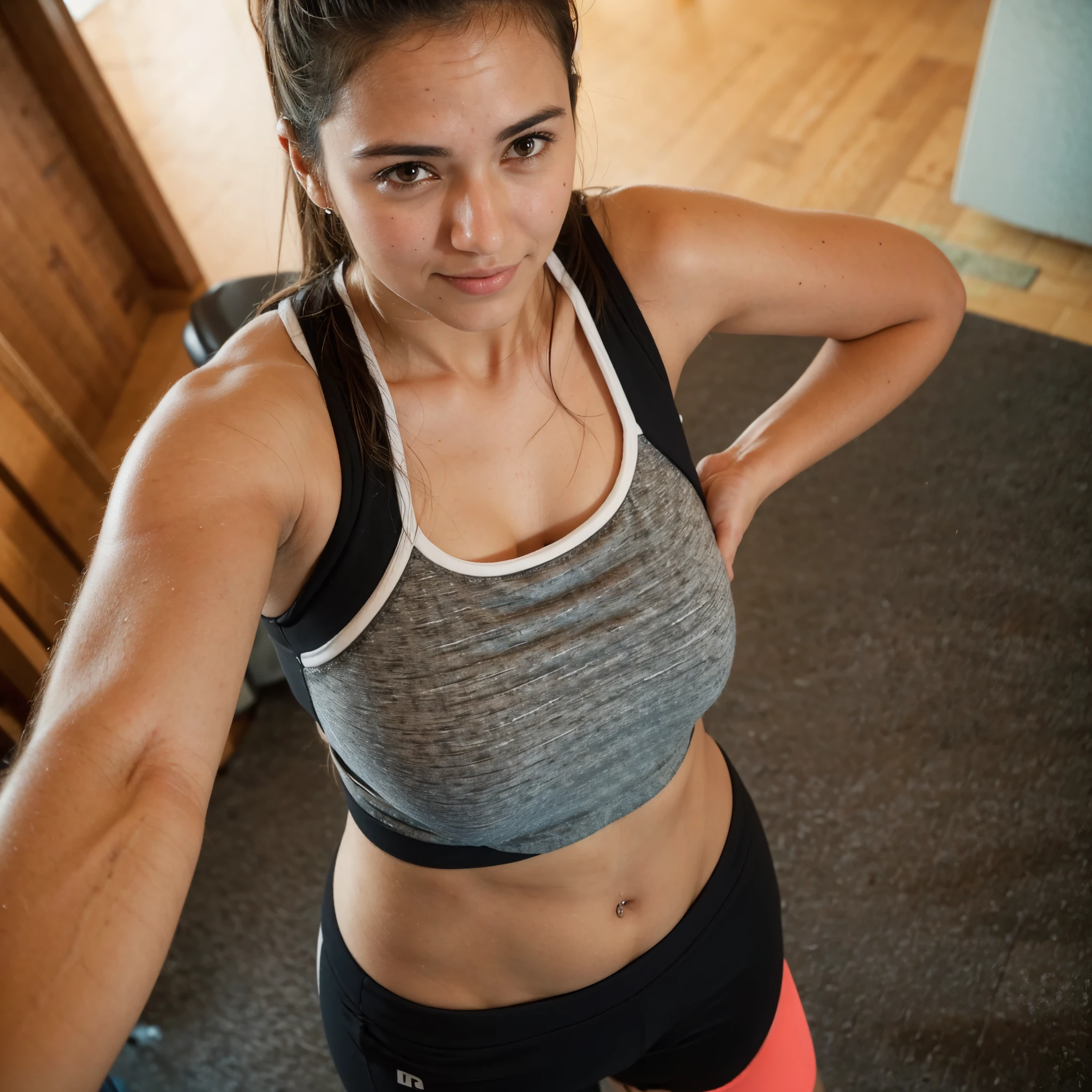 woman posing for a photo, (top_view_perspective:1.3), (wearing gym_outfit:1.3), real skin pores, moles on skin, (YES SFW),
good hand, 4k, high-res, masterpiece, best quality, head:1.3, ((Hasselblad photography)), finely detailed skin, sharp focus, (cinematic lighting), collarbone, night, soft lighting, dynamic angle, [:(detailed face:1.2):0.2], (((5 stars hotel))), indoor  