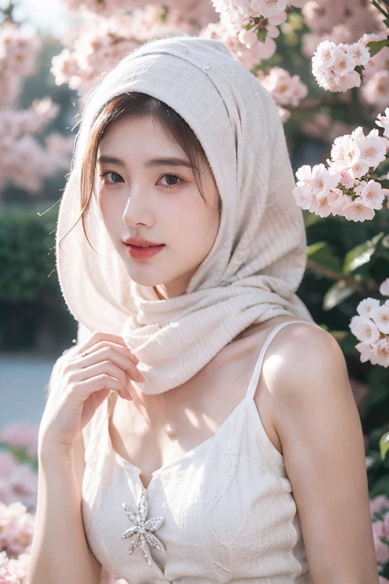Best quality, masterpiece, ultra high res, (photorealistic:1.4), raw photo, 1girl, white dress with hijab, blossom flower field, glowing skin, light smile