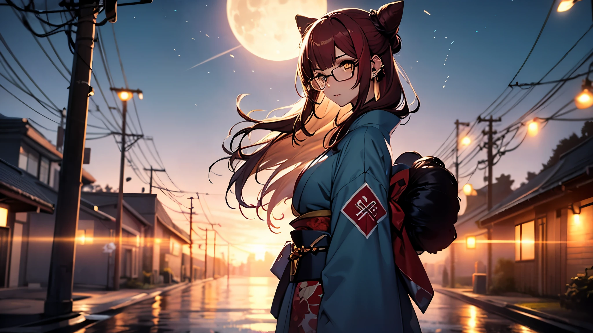 (1girl:1.3), Masterpiece, Best quality, amazing beauty, [[3D]], 4K, absurdres, finely detail, super detailed eye, perfect anatomy, official art, cinematic lighting, BREAK, Night of the full moon, field, silky bun hairstyle, blunt bangs, red hair, super shiny detailed yellow eyes, cute eyes, thin eyebrow, Staring, facing this way, close-mouth, rouge, Eyeshadow, glasses, piercing, embarrassed, BREAK , big breasts, tall, slim, fair skin, glistening skin, walking, full body, from side, wearing a kimono, Kimono of extreme colors, Spotlight, BREAK , , BREAK,(Glasses)