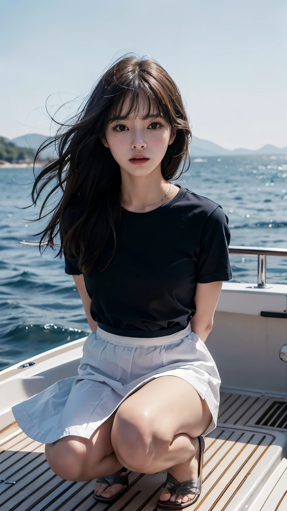 8k, Raw photo, highest quality, masterpiece:1.2), masterpiece, highest quality, figure, Very detailed, Fine details, High resolution, 8k,wallpaper, Perfect dynamic composition,(Detailed high quality, Realistic depiction of eyes:1.3)、 Woman、Arms wrapped around his back, hands tie behind back, Crouching on the deck of a yacht at sea、White panties are visible、Wearing a short-sleeved shirt、Wearing a long skirt、whole body、The whole thing faces forward、21talent、Beauty、I am a TV personality.、Well-formed face、Make your eyes even、Beautiful long black hair blowing violently in the wind、Fluttering bangs、Well-balanced proportionedium build、Beautiful legs、Refreshing small face、Beautiful scenery、