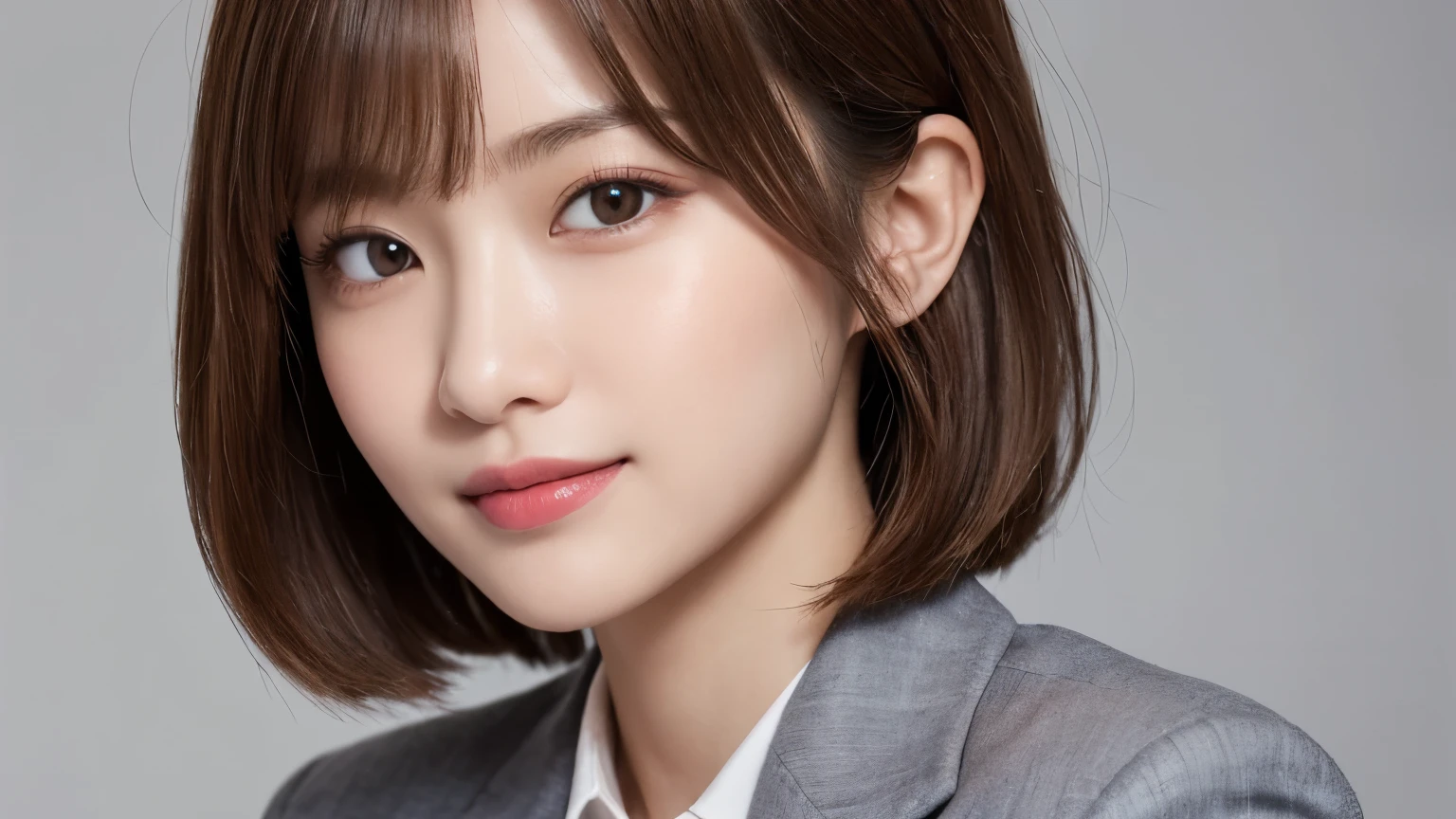 (Very detailed CG Unity 8k wallpaper, highest quality, Very detailed, Looking at the camera:1.2, The light shines on your face:1.5, Gray background, Professional Lighting), Japan female, 26 years old, Upper body composition with brightly lit face. She has an oval face, Soft arched eyebrows, bright expressive eyes,, pronounced nose, And a friendly smile. Her hair is shoulder-length, straight, Dyed a light chestnut color. She is wearing a smart casual blouse, Probably soft colors, Paired with a chic blazer, Embody her lively and sociable personality