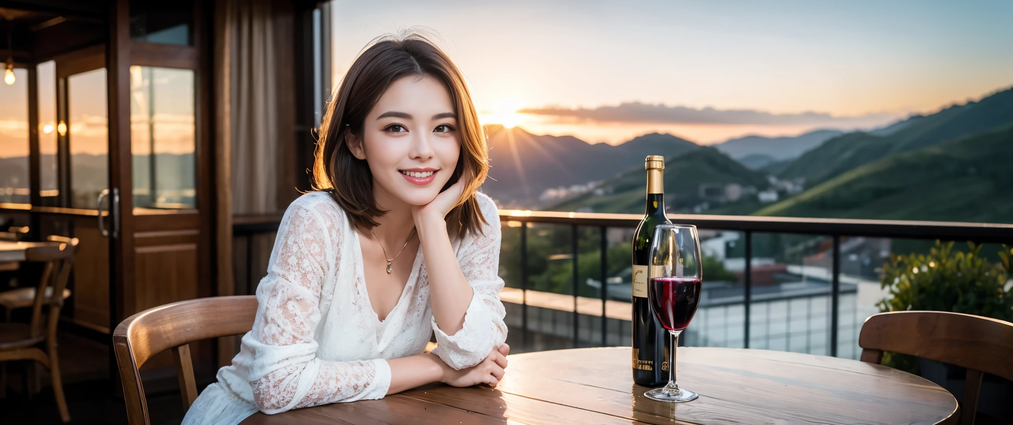 (highest quality、8k、masterpiece:1.3)、Beautiful woman with perfect figure:1.4、Dark brown hair、Wine 、2 people、Highly detailed face and skin、Fine grain、double eyelid、Wine glass on the table、Facial lighting、 Amazing view of the sunset sky and clouds、Amazing mountain views、A bright smile、A lovely woman with a smile、Bright image、 Beautiful Face, short hair, (Age 42), 39 years old, Lady、red wine 、Appetizers、Italian food、wine bottle、Champagne、sparkling wine、Two beauties、Brown Hair、Shortcuts、Long sleeve shirt、dress、Pretty Woman 1, (Slim face), (The body is slim), (Brown Hair), (Shortcuts), cheeks turn a little red,Attractive beauty、restaurant, In a prominent place (From the waist up) Nova Frog Style, actress, model, Upper Body, White wine, slim, wine glass, smile, (smile: 1.15), Beautiful fine grain, Depth f/2,saturation, High Contrast, Strong light and shadow,Moist Body:1.5、3D texture、Delicate eyes、Brown Hair、The hair is very shiny、