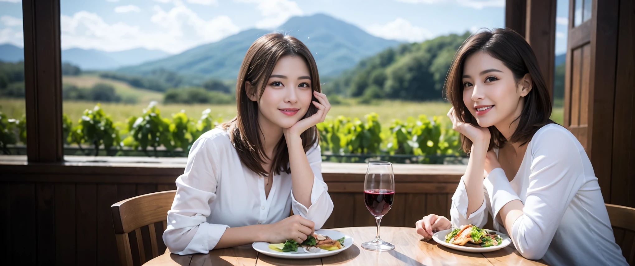 (highest quality、8k、masterpiece:1.3)、Beautiful woman with perfect figure:1.4、Dark brown hair、Wine  、2 people、Highly detailed face and skin、Fine grain、double eyelid、Wine glass on the table、Facial lighting、 Amazing view of the sunset sky and clouds、Amazing mountain views、A bright smile、A lovely woman with a smile、Bright image、 Beautiful Face, short hair, (Age 42), 39 years old, Lady、red wine 、Appetizers、Italian food、wine bottle、Champagne、sparkling wine、Two beauties、Brown Hair、Shortcuts、Long sleeve shirt、dress、Pretty Woman 1, (Slim face), (The body is slim), (Brown Hair), (Shortcuts), cheeks turn a little red,Attractive beauty、restaurant, In a prominent place (From the waist up) Nova Frog Style, actress, model, Upper Body, White wine, slim, wine glass, smile, (smile: 1.15), Beautiful fine grain, Depth f/2,saturation, High Contrast, Strong light and shadow,Moist Body:1.5、3D texture、Delicate eyes、Brown Hair、The hair is very shiny、