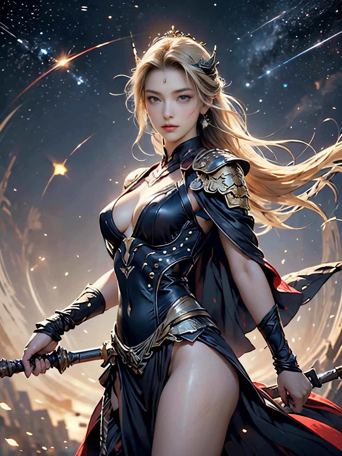 Zerg Queen Beautiful Girl: Ranlinger, 18 years old, (valkyrie:1.6), Messy Hair, oil, Romanticism painting, beautiful Perfect Face, Soft Skin, Perfect Face, Yasutomo Oka's painting style, Big firm Breasts, hard nipples, metal armor, The chest of the armor is wide open, holding long spear, breasts exposed, cleavage is exposed, Add light purple and purple, Add Light Red, Intricate details, Splash screen, 8K resolution, masterpiece, Serious, Sharp Eyes, Break, Blonde,  dynamic sexy poses, sweat, long red cape, (mysterious magic circle background, universe, stars, colorful star lights:1.3), Colorful background, universe, Sharp Eyes, Break, white Blonde, dynamic sexy poses, fly, grim Reaper, sweat, Strong winds, Colorful light,