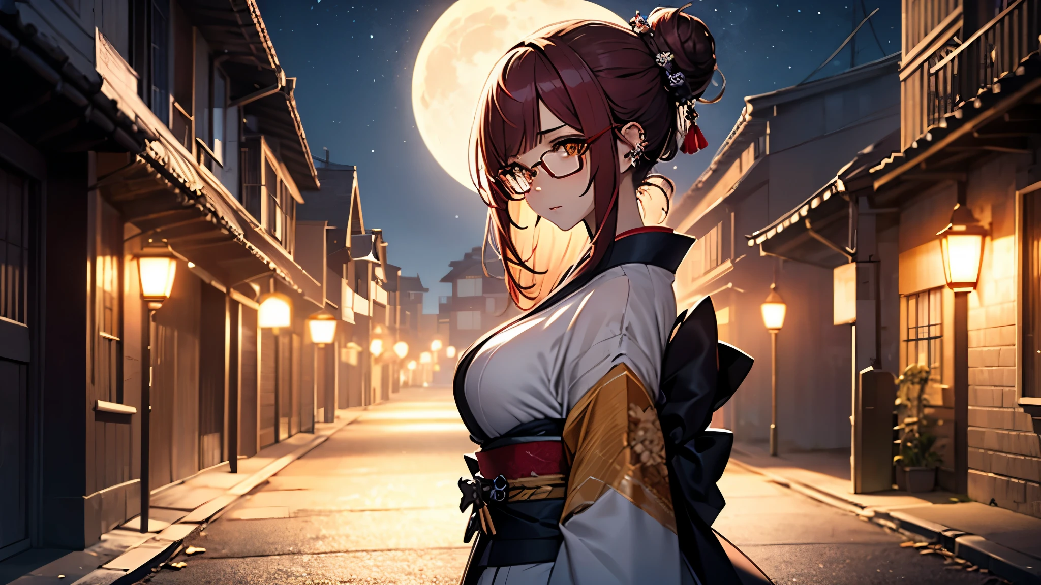 (1girl:1.3), Masterpiece, Best quality, amazing beauty, [[3D]], 4K, absurdres, finely detail, super detailed eye, perfect anatomy, official art, cinematic lighting, BREAK, Night of the full moon, field, silky bun hairstyle, blunt bangs, red hair, super shiny detailed yellow eyes, cute eyes, thin eyebrow, Staring, facing this way, close-mouth, rouge, Eyeshadow, glasses, piercing, embarrassed, BREAK , big breasts, tall, slim, fair skin, glistening skin, walking, full body, from side, wearing a kimono, Kimono of extreme colors, Spotlight, BREAK , , BREAK,(Glasses)