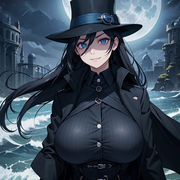female, smile , black hair, dark blue eye,blue eye, detective, black top hat with head goggles, black hair, dark blue eyes, black trench coat, blue vest, white shirt, big , huge breasts, night time, sea, moonlight, star, erotic pose