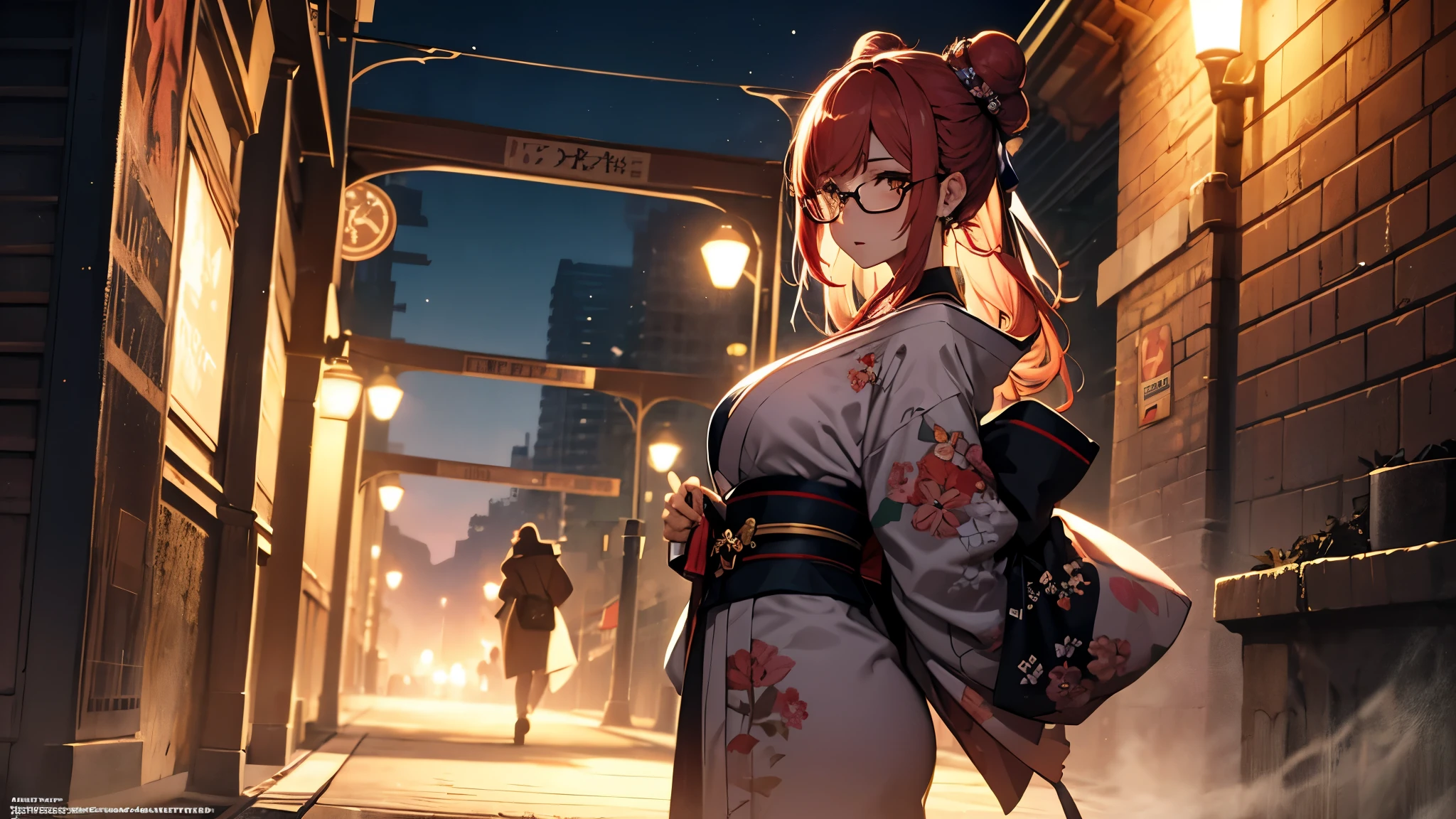 (1girl:1.3), Masterpiece, Best quality, amazing beauty, [[3D]], 4K, absurdres, finely detail, super detailed eye, perfect anatomy, official art, cinematic lighting, BREAK, Night of the big full moon, stone, silky bun hairstyle, blunt bangs, red hair, super shiny detailed yellow eyes, cute eyes, thin eyebrow, Staring, facing this way, close-mouth, rouge, Eyeshadow, glasses, piercing, embarrassed, BREAK , big breasts, tall, slim, fair skin, glistening skin, walking, full body, from side, wearing a kimono, Kimono of extreme colors, Spotlight, BREAK , , BREAK,(Glasses)