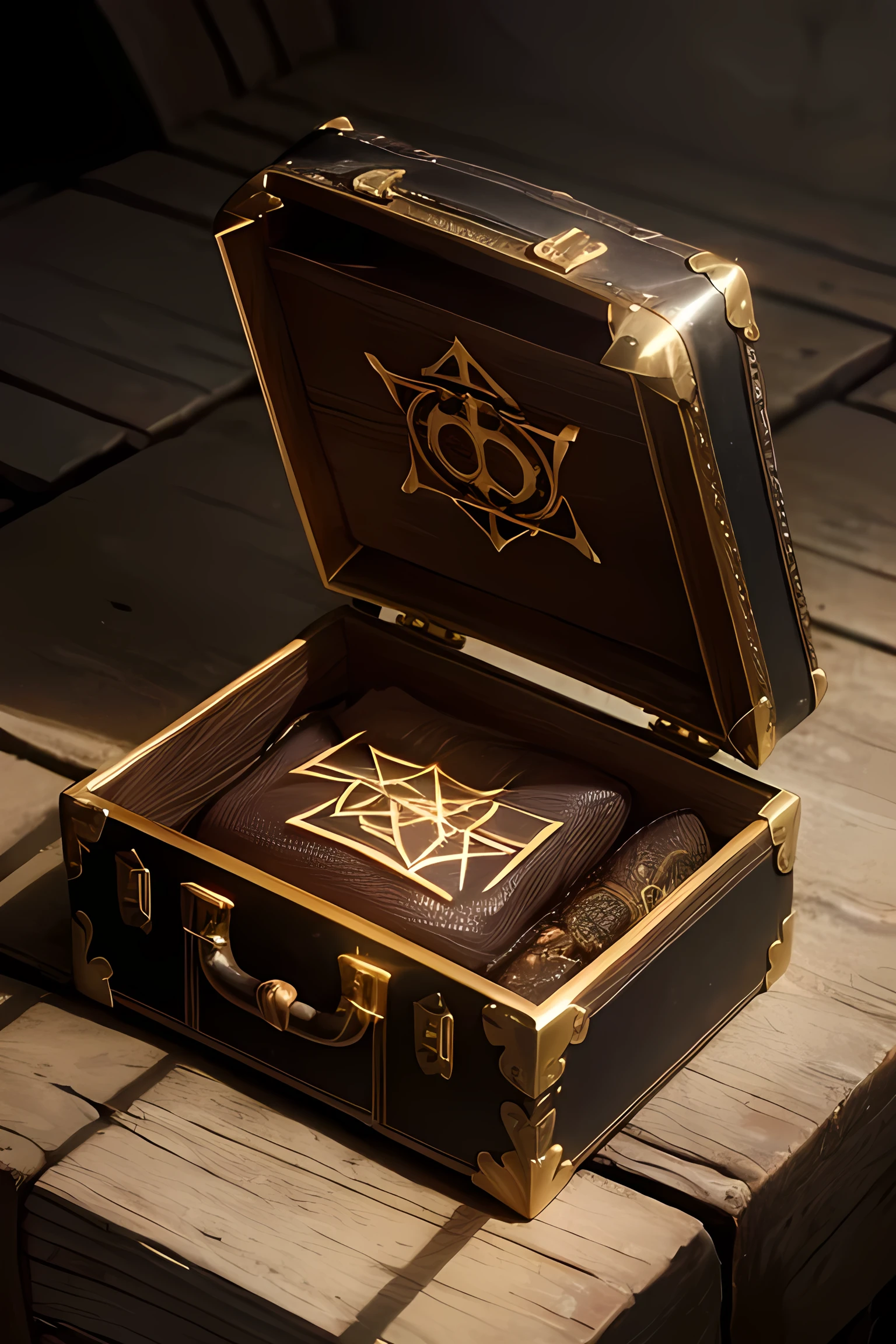 a magical enchanted suitcase, intricate detailed design, glowing runes and sigils, medieval fantasy style, highly detailed, cinematic lighting, dramatic shadows, moody atmospheric colors, richly textured, photorealistic, 8k, best quality, (masterpiece:1.2), (ultra-detailed:1.15), (photorealistic:1.37), cinematic lighting, dramatic shadows, moody atmospheric colors, intricate fantasy elements, (glowing magical runes and sigils:1.2)