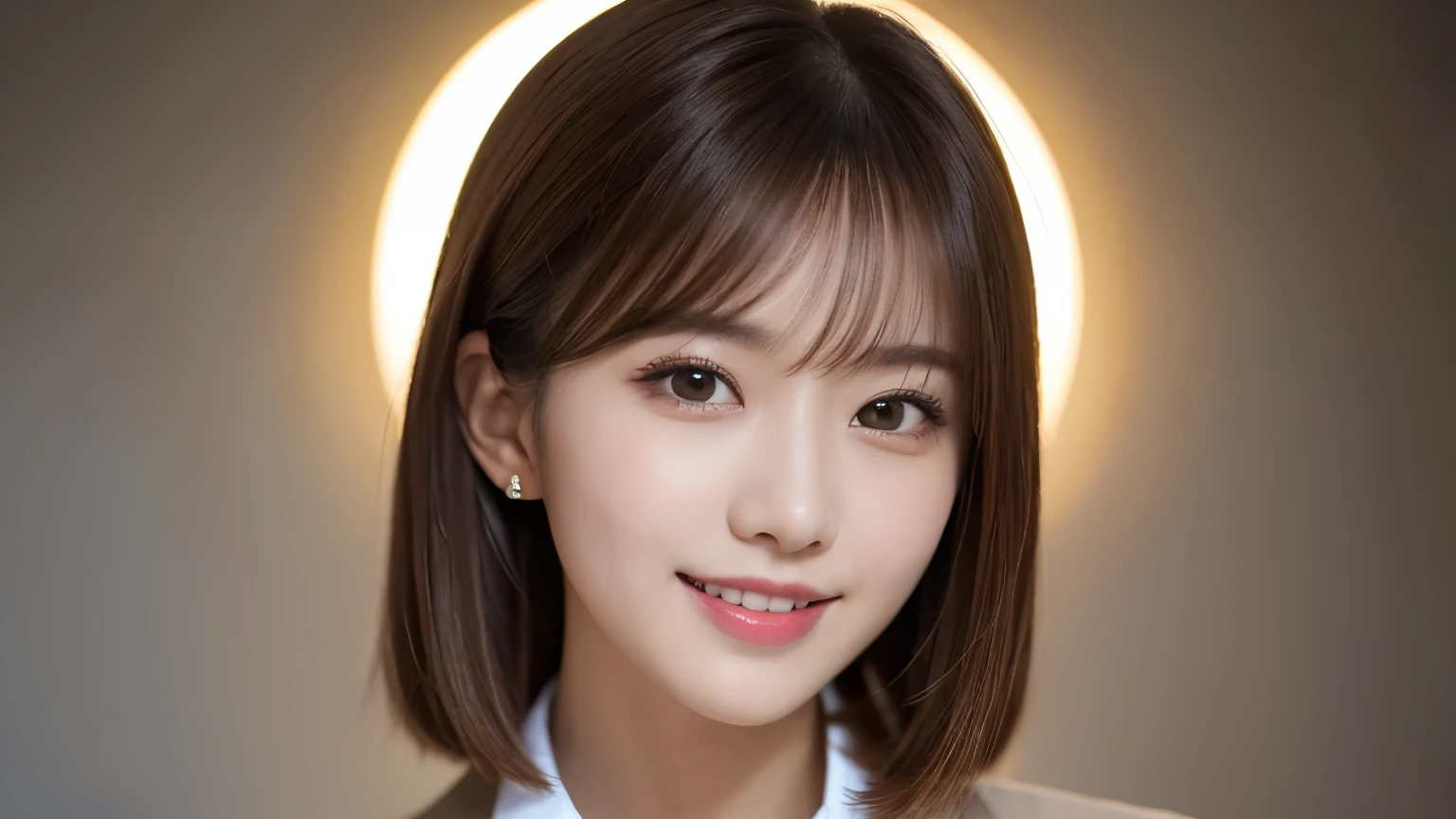 (Very detailed CG Unity 8k wallpaper, highest quality, Very detailed, Looking at the camera:1.2, The light shines on your face:1.5, Gray background, Professional Lighting), Japan female, 26 years old, Upper body composition with brightly lit face. She has an oval face, Soft arched eyebrows, bright expressive eyes,, pronounced nose, And a friendly smile. Her hair is shoulder-length, straight, Dyed a light chestnut color. She is wearing a smart casual blouse, Probably soft colors, Paired with a chic blazer, Embody her lively and sociable personality