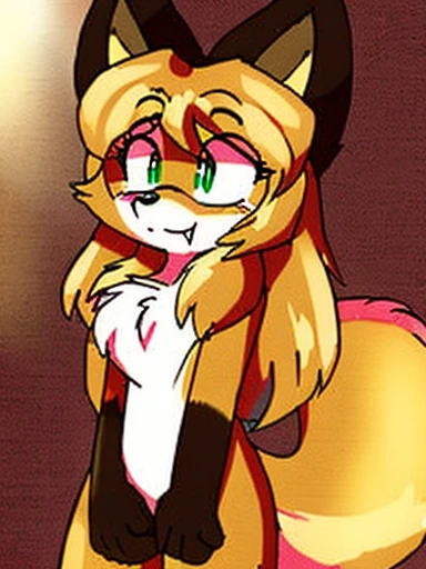 Nervous smiling, uploaded the e621, simple background, beautiful and detailed, woman (((female))) ((anthro)) Fox, (Averi, Fox girl), cinematic lighting, Fox, (anthro, fluffy fur, character focus:1.1), 1girl, anthro fox girl, body fur, curvy, sexy, nice, cute, hot, fangs, sassy, sassy hips, smug, comfortable anime-style cartoon-style, digital drawing, (half-closed eyes), green eyes, SFW, flat chest, on knees, spread legs