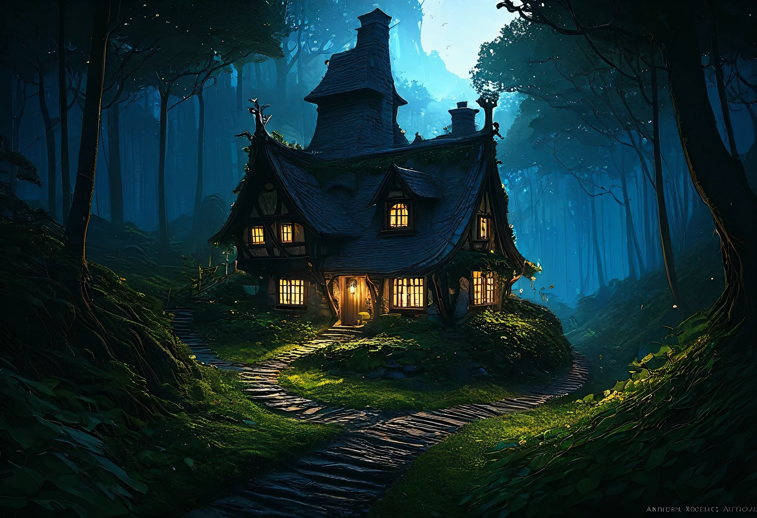 Night view of a house with a path through the forest, Concept art inspired by Andreas Rocha, Artstation Contest Winner, Fantasy art, Beautiful depiction of a fairy tale, fantasy house, A pleasant and enchanting scene, realistic Fantasy Rendering, Andreas Rocha Style, dark Fantasy Setting, Fantasy Setting, Fantasy Rendering, cottage in the woods, By Andreas Rocha