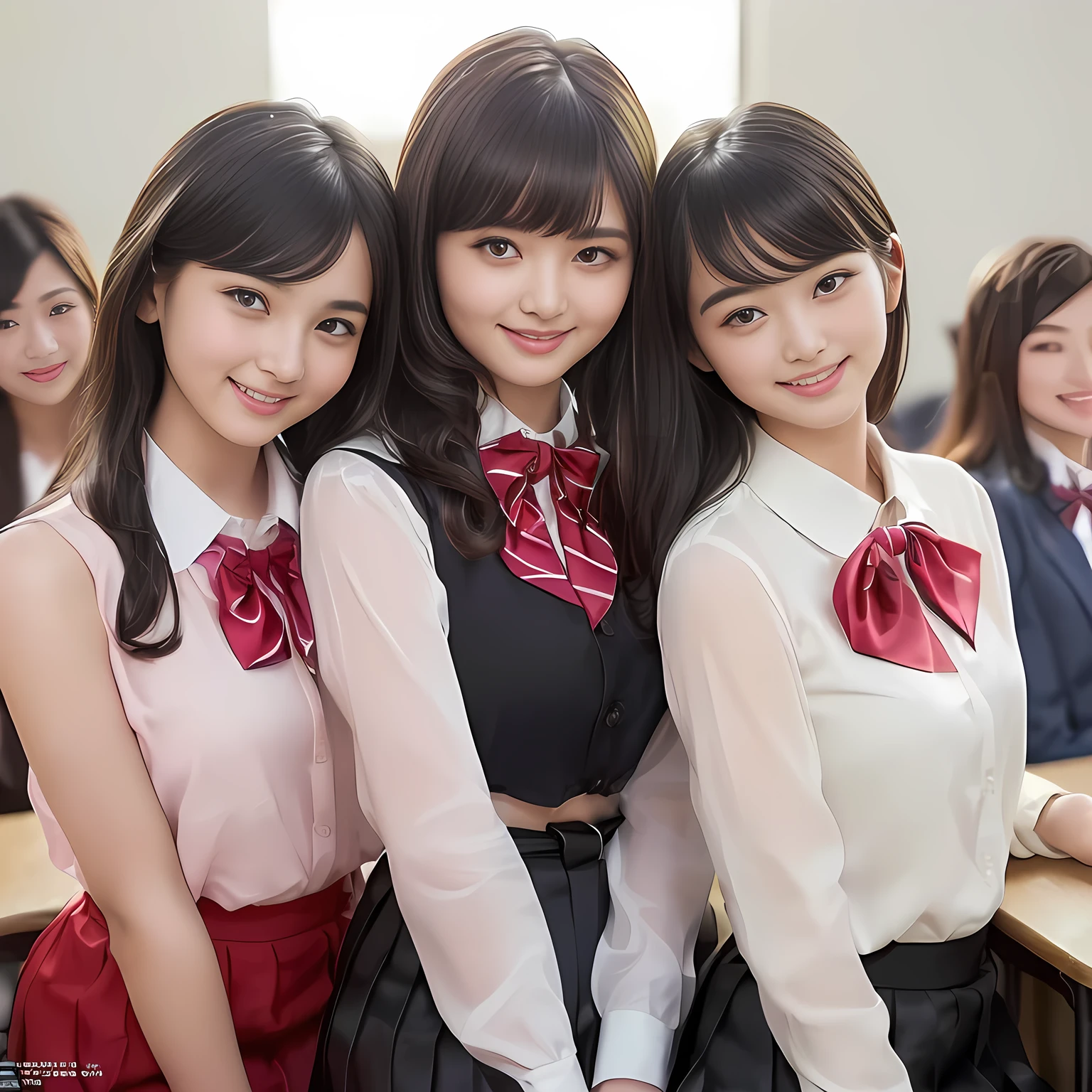 (highest quality, masterpiece:1.2), highest quality, Realistic, photograph, High resolution, 1080p, 8K, Physical Rendering, ((Height: 155cm)), ((((((Some 14 year old beautiful Japanese fashion magazine's fashion models are looking straightly at the viewer)))))), (((big very detailed beautiful dark brown eyes))), ((((Everyone is loving and laughing at me!)))), detailed fingers, (((curled blunt bangs))), ((((Very noble and cute eyes, carefully drawn with great attention to detail)))), ((double eyelids)), (((long eyelashes))), ((cute lovely lovely laughing laughing cheeks)), ((The pure white light hits my nose and cheeks. Her eyes and white facial skin shine beautifully white.)), (((((Her facial features are very expressive noble smile, very sweet, very very intelligent))))), ((((impressive red super-large school ribbon bow tie in plain)))), ((((black very beautiful and very long bobbed hair)))), ((((red formal long pleated skirt)))), ((((A red school sailor-style uniform with pink blouse)))), ((As elegant as a noble princess)), ((light white women's classroom))