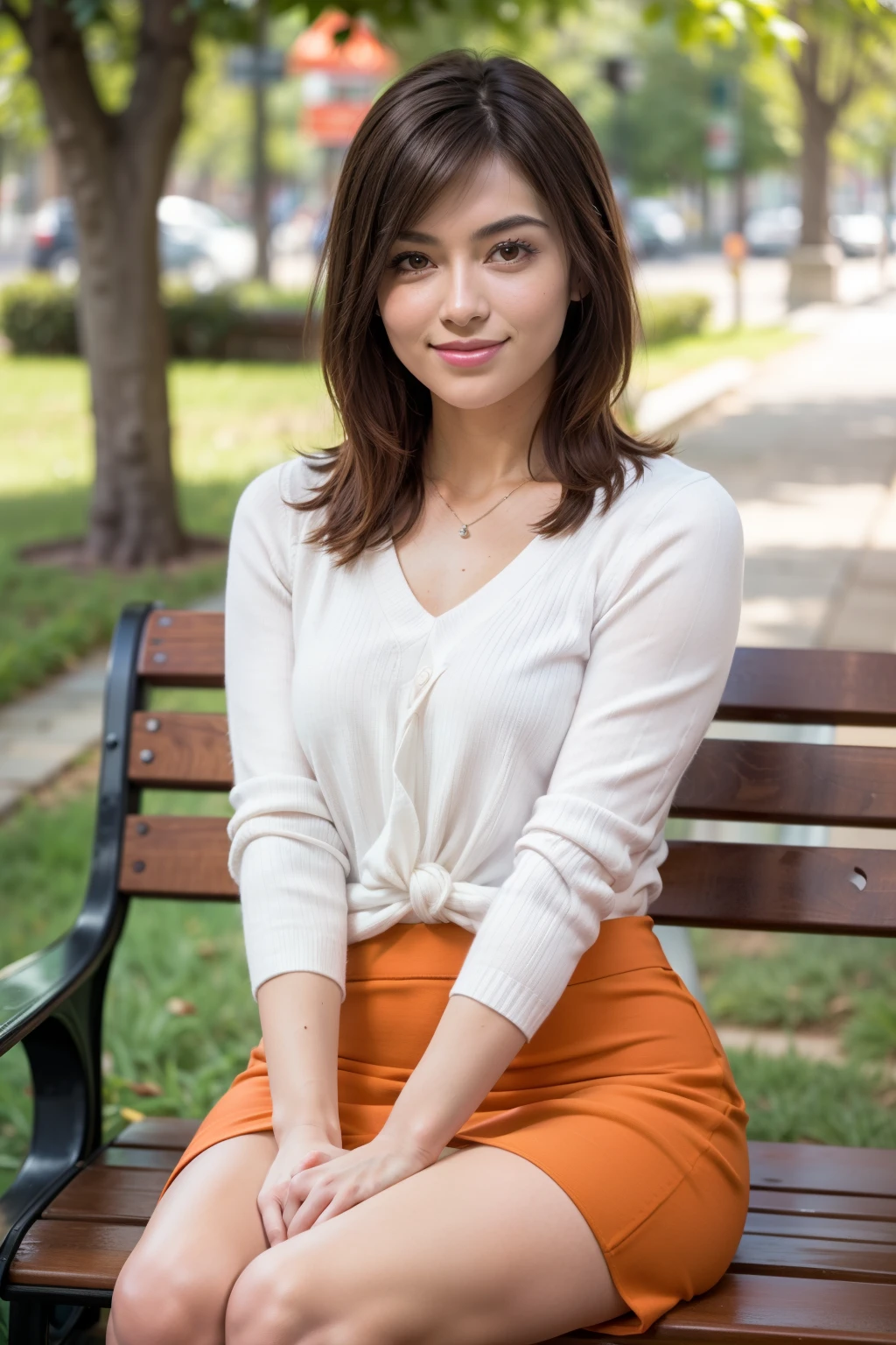 Realistic, Realistic, Tabletop, highest quality, RAW Photos, Face Focus, elegant, (One Woman), 28 years old, A large, loose white V-neck see-through knit sweater, (Orange tight skirt), (Brown Hair), (bangs), (Straight hair), at the park, ((Sit sideways on a bench with your legs stretched out)), ((Twisting his upper body and facing this way)), (Looking into the camera), Beautiful Face, (Fearless Smile), (Shapely bust), Perfect Anatomy, Perfect balance, Detailed human body