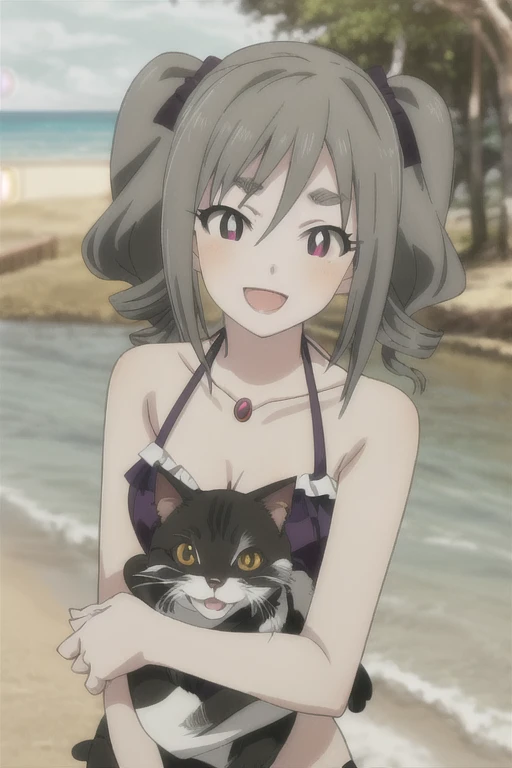 solo, 1girl, ranko kanzaki, pupils love eyes, (looking eyes right:1.3), sad eyebrows, shocked eyes, holding cat, bikini smile, :d, background beach