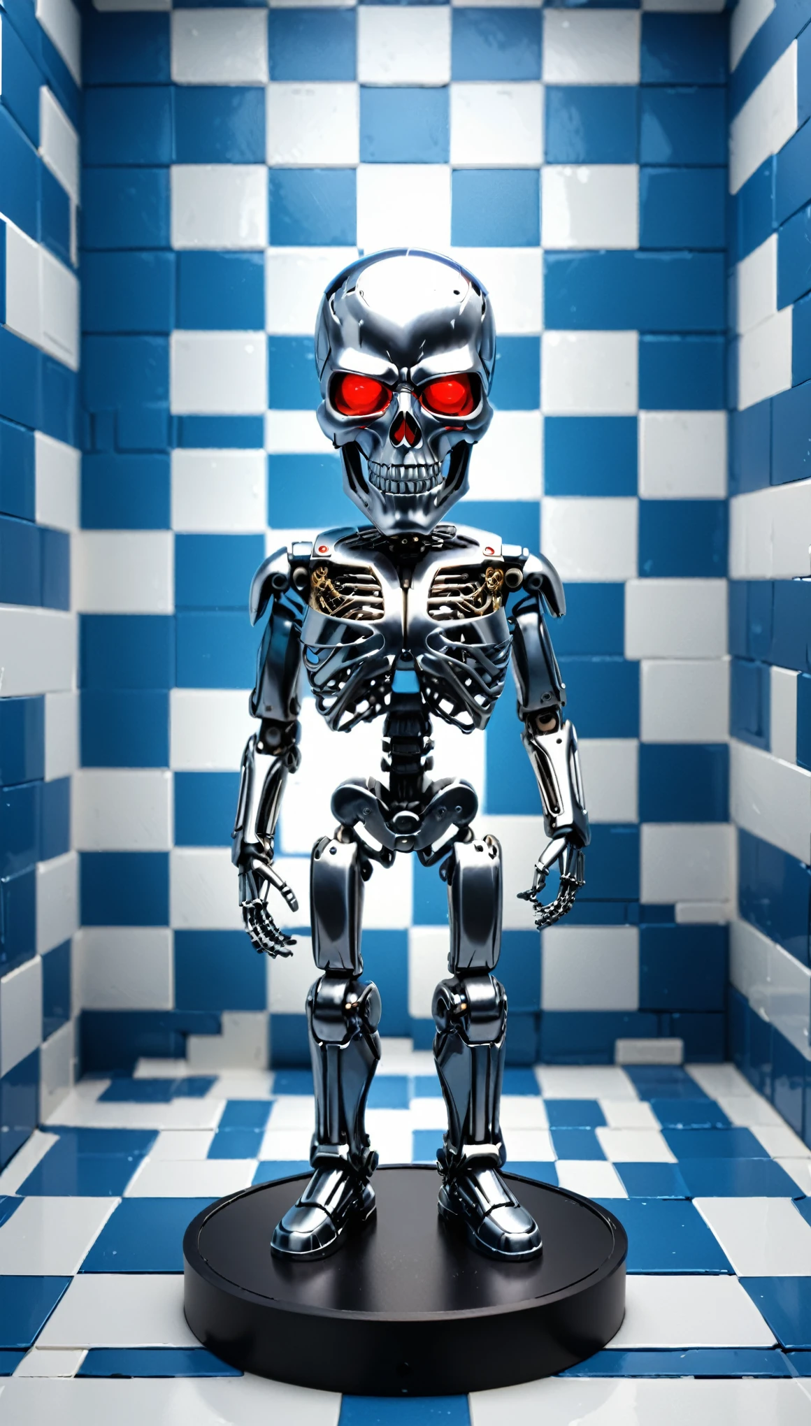 blue and white checkered background,
best quality,4k,8k,highres,masterpiece,ultra-detailed,surrealist style,(full_shot:1.2),negative space composition,
BREAK
blindbox,metal base,3d style,cartoon style,terminator T-800,
BREAK
imitation of human body structure metal skeleton,