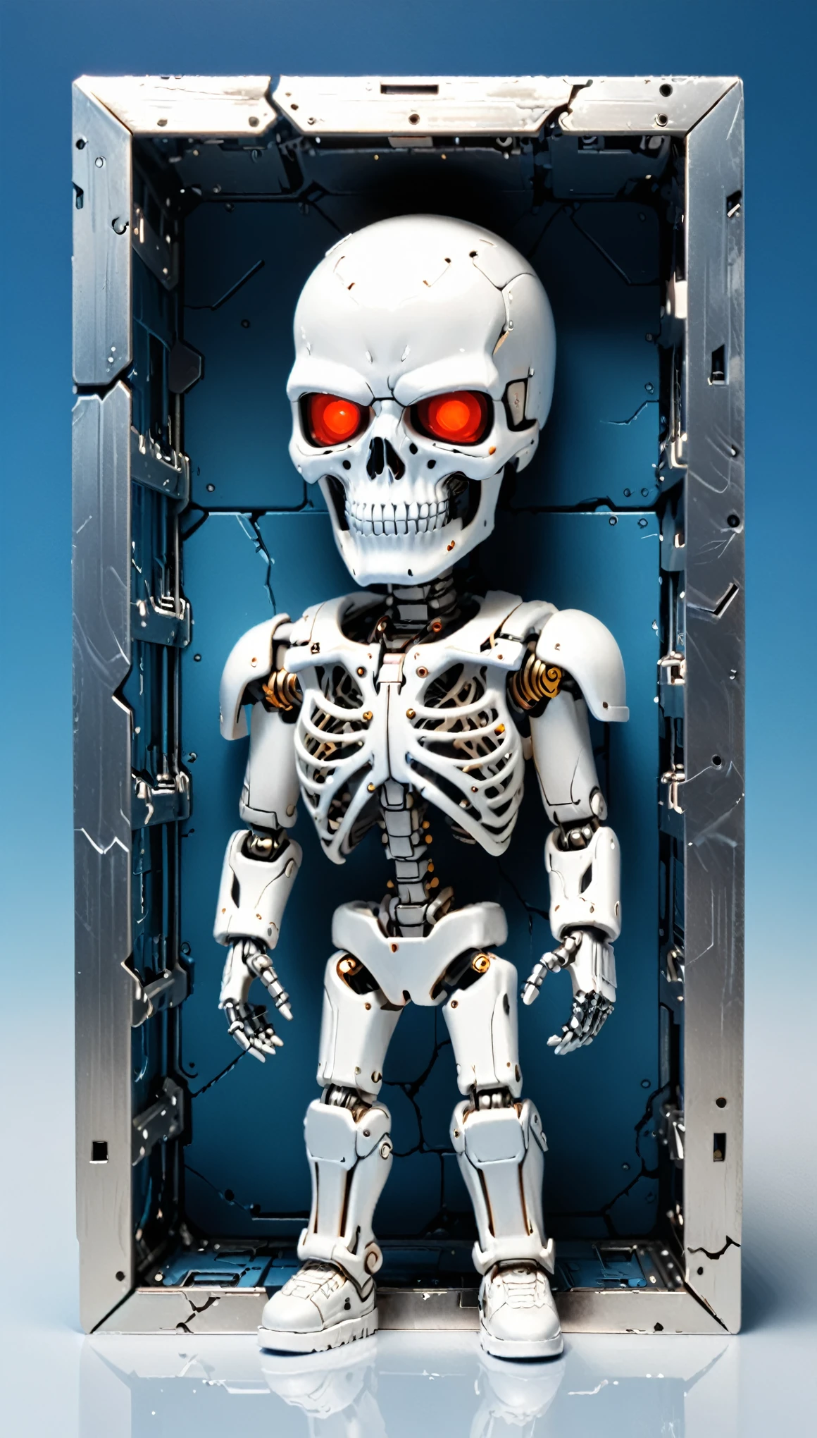 blue and white checkered background,
best quality,4k,8k,highres,masterpiece,ultra-detailed,surrealist style,(full_shot:1.2),negative space composition,
BREAK
blindbox,metal base,3d style,cartoon style,terminator T-800,
BREAK
imitation of human body structure metal skeleton,