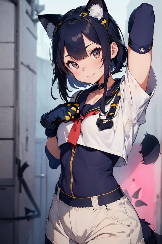 flat color,(1girl,japanese,17yo,((navy Paw Glove:1.5)),Cat ears headband,arms up,detailed face,BREAK (navy hair,wavy-short hair),parallel eyebrows,navy eyes with large irises,blunt bangs,small nose, fresh lips,smile,small breasts,(5feet tall)),very happy, BREAK, Oversized t-shirts,short cargo pants,sneakers,pink,fullbody,catwalk,