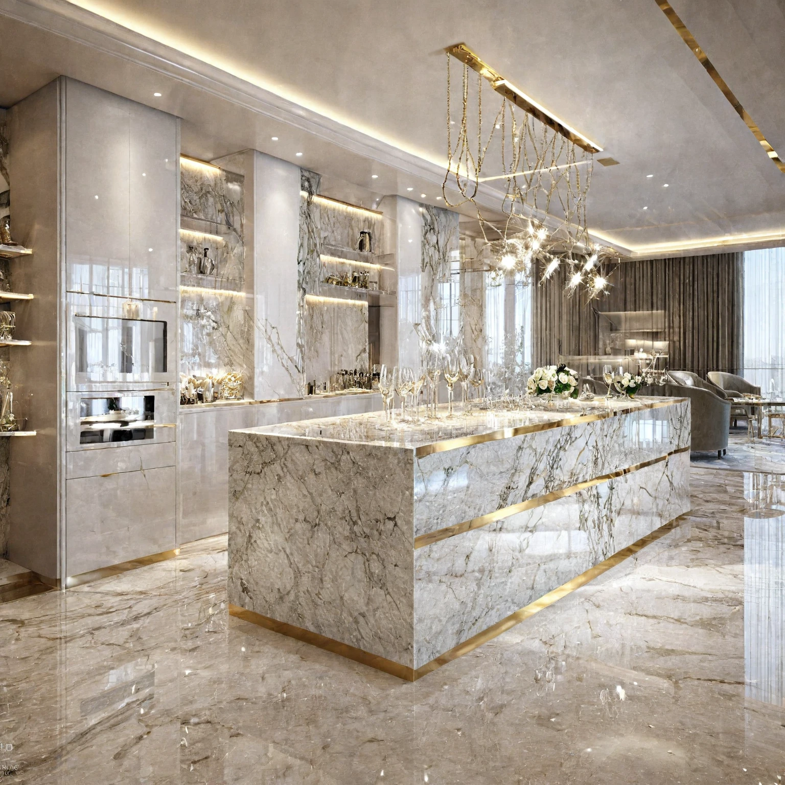 there is a dining room with a marble table and chairs, luxury condo interior, high quality rendering, precise architectural rendering, elegant and refined, high-quality render, insanely detailed rendering, award-winning render, high quality 3 d render, high quality 3d render, realistic physical rendering, luxury hd render, neo - classical, neo-classical, professional 3d render