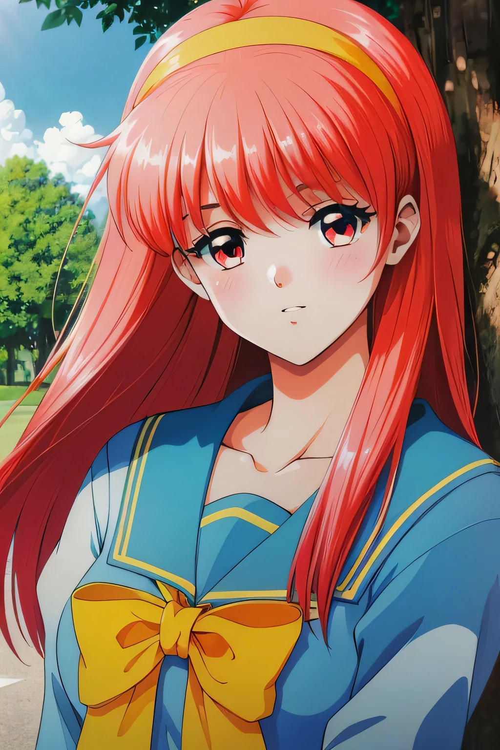 (((masterpiece, highest quality, High resolution, UHD, perfect pixel, written boundary depth, 4K, rtx, HDR))), FujisakiShiori, 1girl, single, solo, beautiful anime girl, beautiful artstyle, anime character, (parted lips:1), (embarrassed:1.2), ((long hair, bang, red hair, yellow hairband)), ((red eyes:1), rounded eyes, beautiful eyelashes, realistic eyes), (detailed face, blushing:1.3), (smooth texture:0.75, realistic texture:0.65, photorealistic:1.1, anime CG style), large breasts, (looking to viewer, face), perfect body, (collarbone, blue serafuku, yellow bow), (under the big tree:1.5), outdoors:1.2, (Shiny hair:1.2), (Shiny skin:1.5), 