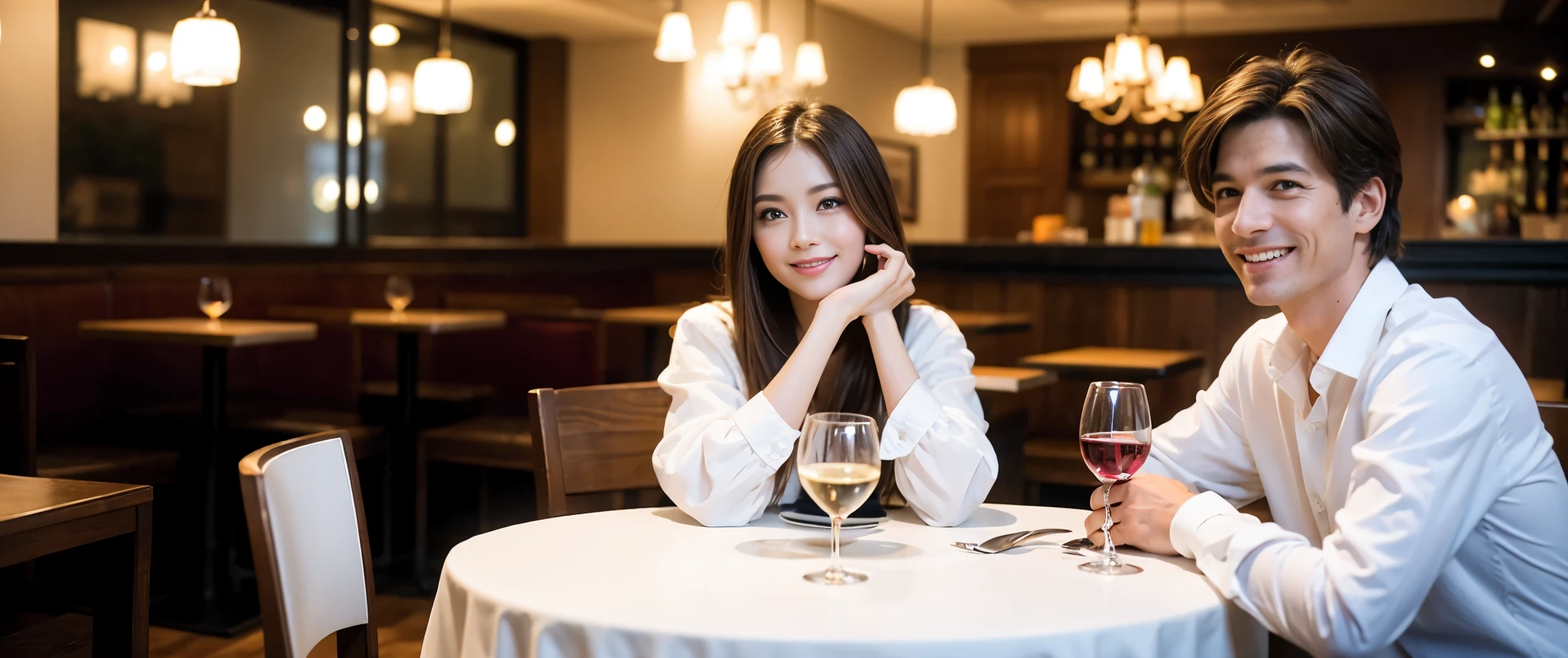 ((highest quality、8k、masterpiece:1.3))、1 male、1 female、Couple、spouse、Couple、Slim body、((Bob Hale、Straight hair:1.2)), (Realistic, Intricate details:1.2), Wine glass on the table、Shine light on your face、 Amazing view of the sunset sky and clouds、Amazing mountain views、A bright smile、The wonderfulness of smile、Bright image、The beauty of wine, Beautiful Face, blue eyes, The light shines on your face, Blushing, short hair,Bright Face、 (Age 37), 39 years old, red wine 、Appetizers、Italian food、Wine bottle、Champagne、sparkling wine、Two beauties、Brown Hair、Shortcuts、Long sleeve shirt、dress、Pretty Woman 1, (Slim face), (The body is slim), (Brown Hair), (Shortcuts), cheeks turn a little red,Attractive beauty、restaurant, In a prominent place (From the waist up) Nova Frog Style, actress, model, Upper Body, White wine, slim, wine glass, Wine glass placed in the center, smile, (smile: 1.15), Beautiful fine grain, Depth f/2,saturation, High Contrast, Strong light and shadow,Moist Body:1.5、3D texture、Delicate eyes、Brown Hair、The hair is very shiny、