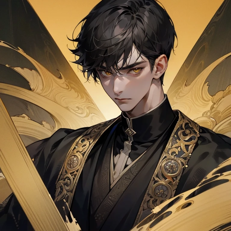 high quality, detailed
,young man,27years old, masterpiece, detailed eyes, hyper detailed, best quality, 4K UHD, ultra detailed, super detail,black haircut,yellow eyes , quiet expression face,sharp eyes,black clothes,high resolutions