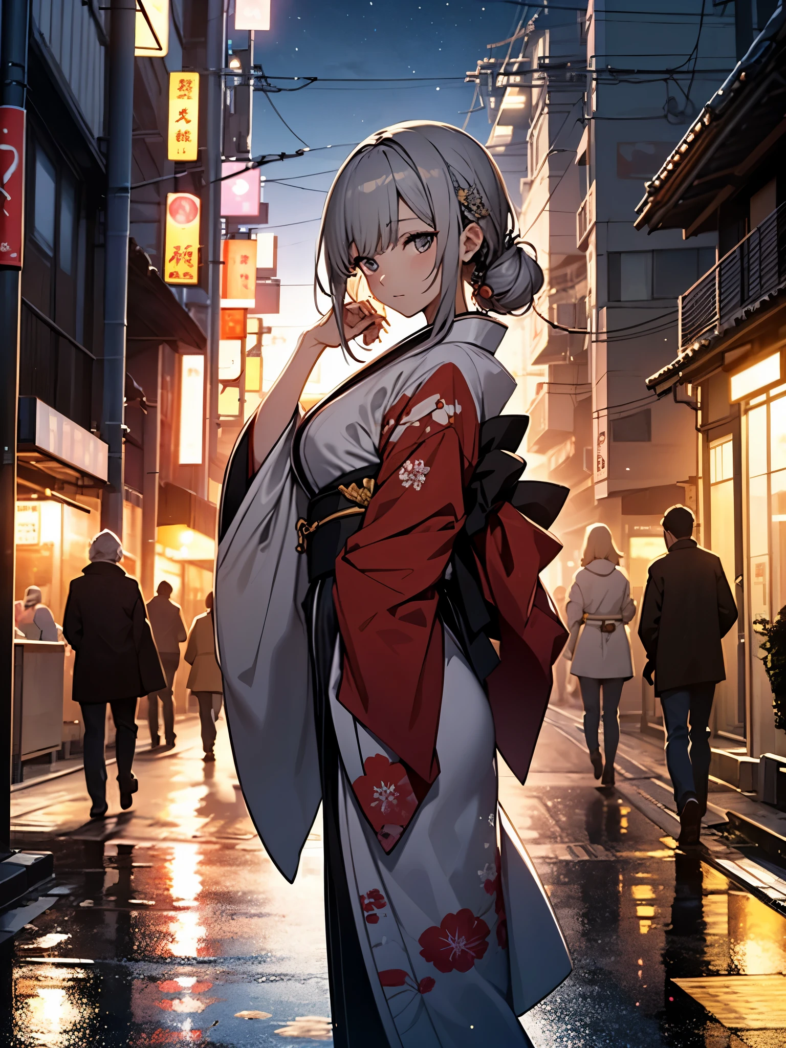How to Create the Perfect Hourglass Anime Girl Illustration, Gray Hair, And tanned Japanese skin, In a new and lively pose. She is wearing a kimono that flatters her body lines., Reflecting the Golden Ratio. The kimono features a contemporary design that symbolizes innovation and progress.. her eyes are meticulously crafted, Shining with clarity and emotion, She invites the viewer into her vibrant world.. In the background、The nighttime streets of Japan are depicted in detail., Bringing to life with the brilliance of light and the energy of an urban environment. This work、The aim is to capture the entire scene, Highlight the exquisite beauty of anime girls, The sophistication of her outfit, And the dynamic backdrop of the Japanese night. This image is a masterpiece, Depicts anime girls in fresh poses、Emphasise the depth of the characters and the artistic harmony of the scene.