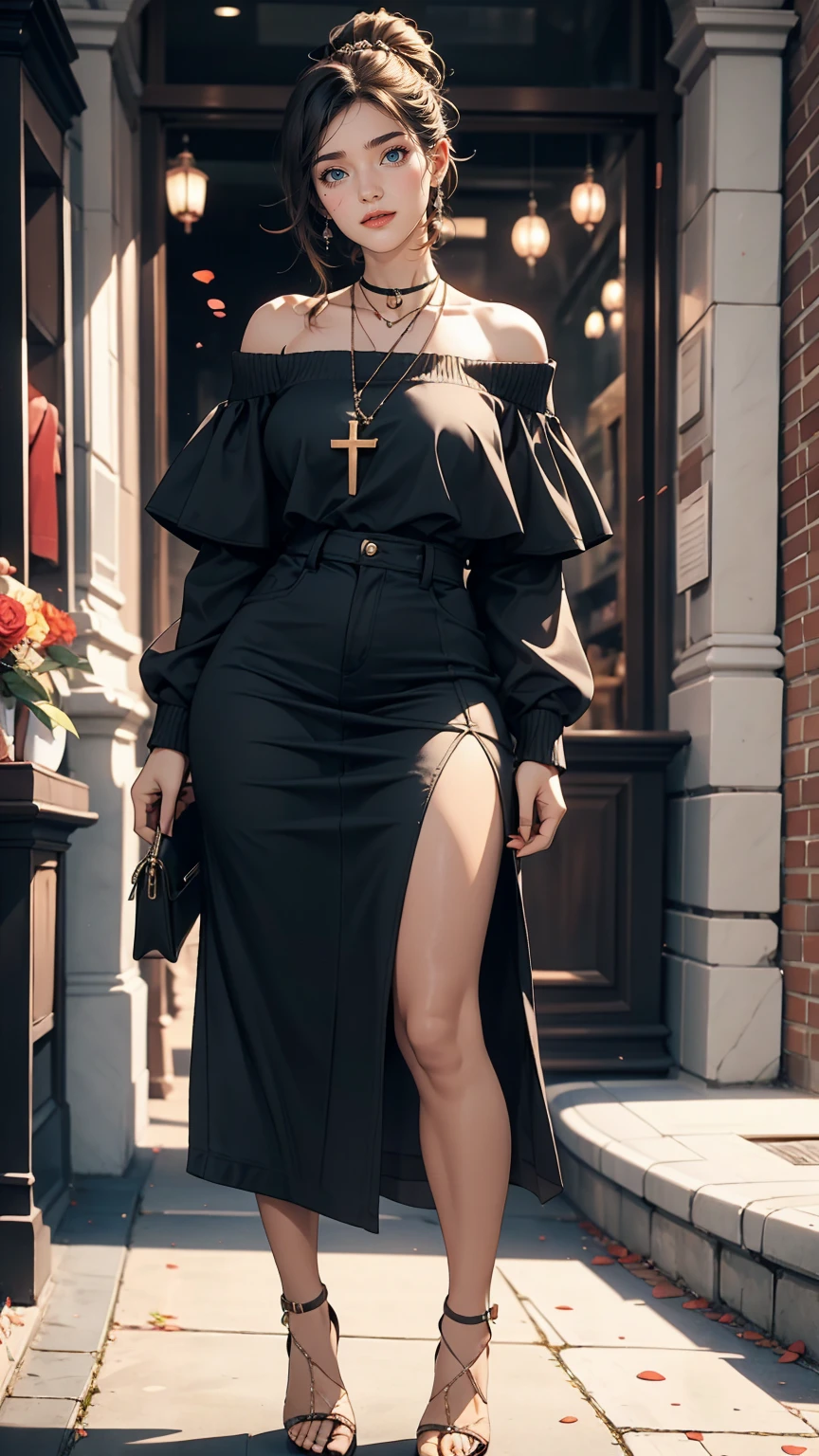 24-year-old woman、One Length、Outstanding proportions、Wear an off-the-shoulder body-conscious outfit、smile、Cross one&#39;s arms、sexy、Wear stiletto heels、Skyscraper background