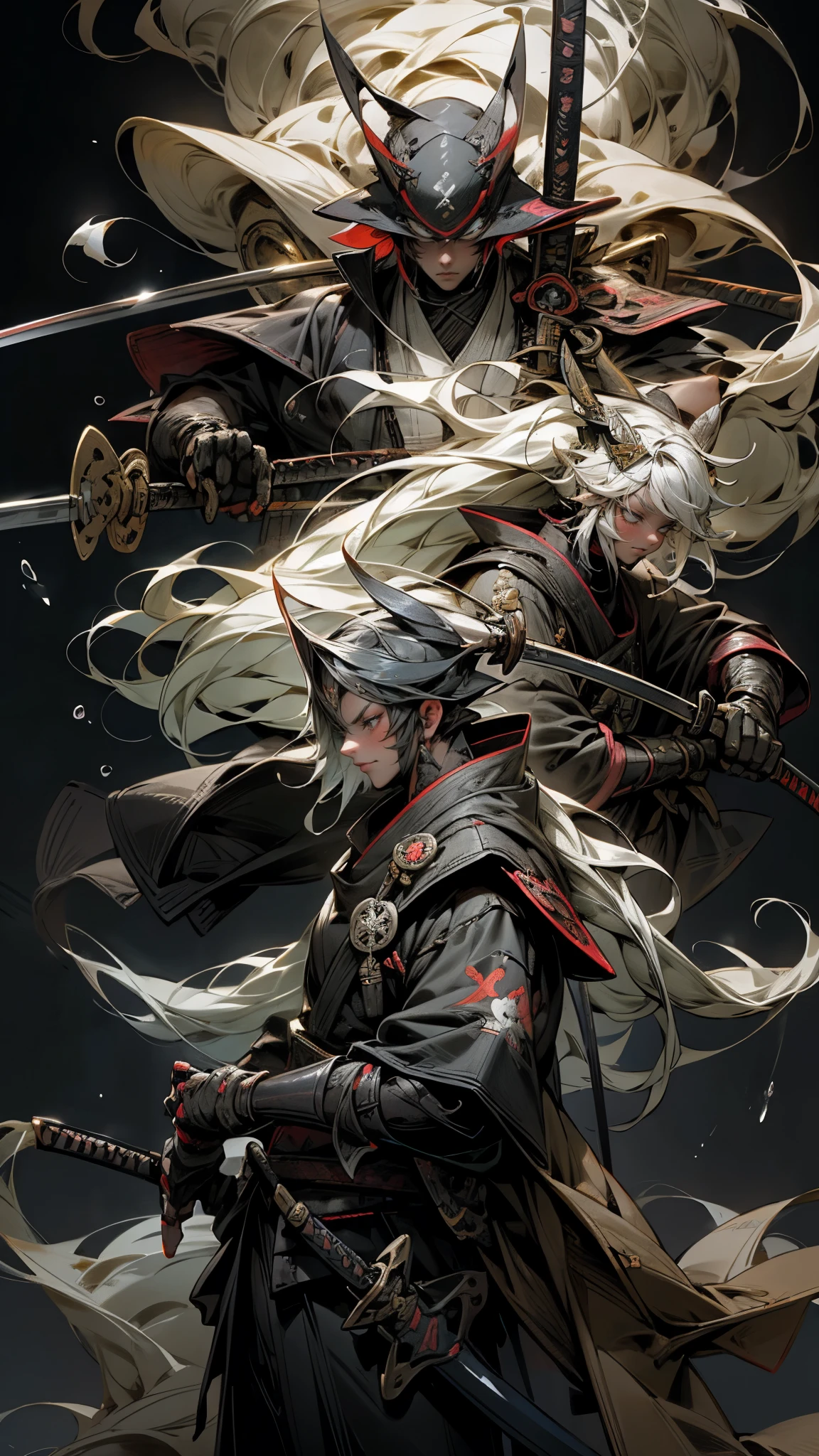 a person with super long platinum hair standing in a field with a rifle, a magic fishing rod weapon, many floating swords, a ninja with a water wave katana, sharp Final fantasy 14, awakened samurai, holding a scythe, a robot with fishing rod, giant scythe, dark ninja Shinobi wielding a naginata, wandering samurai man, playable cart, toad samurai, white mask.lolita. sekiro.Tenchu.Ghost.Samurai shodown.onimusha.Tsushima.Damon blade.Detailed devil mask.
