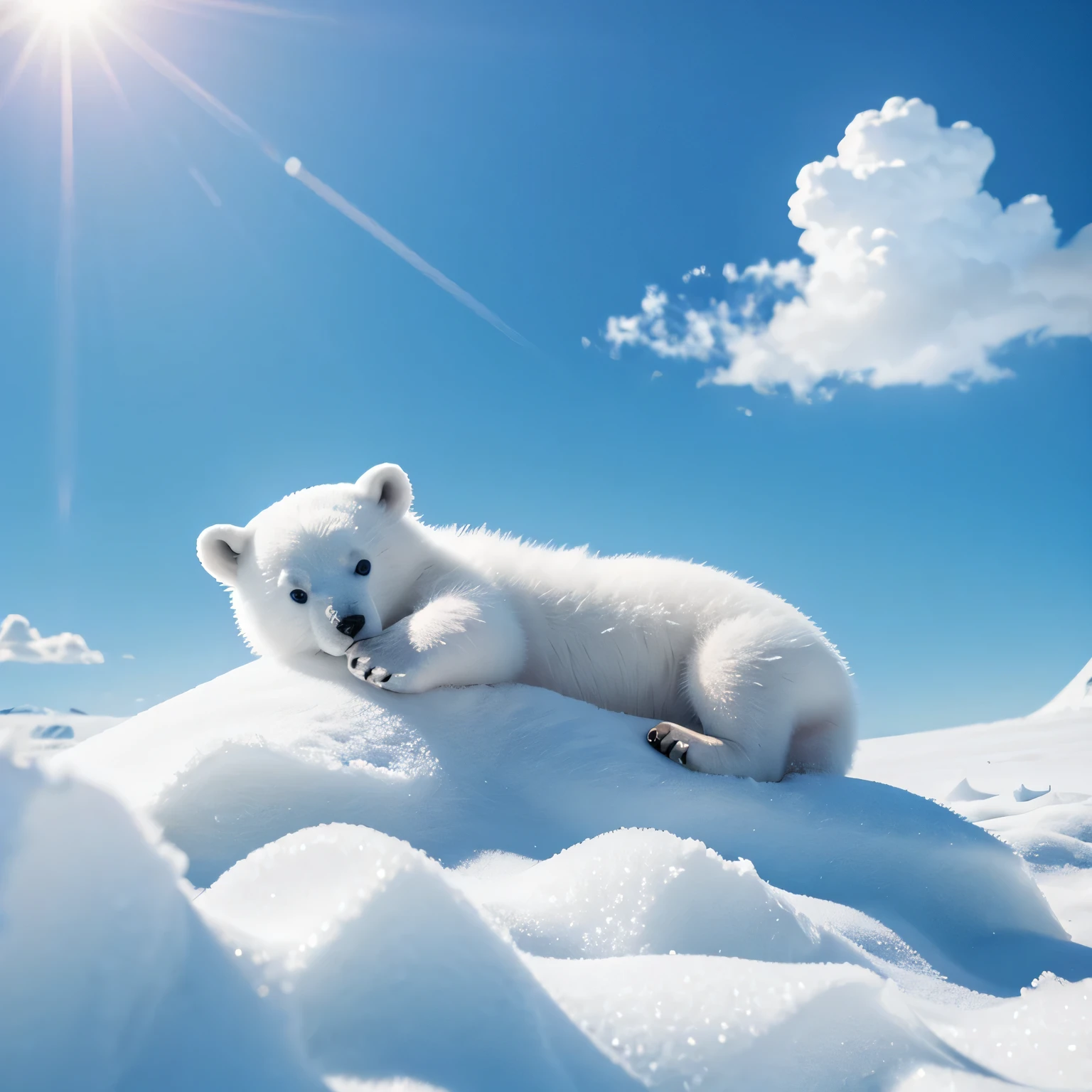 a baby polar bear,adorable, sleeping, blue sky, sun, cloud