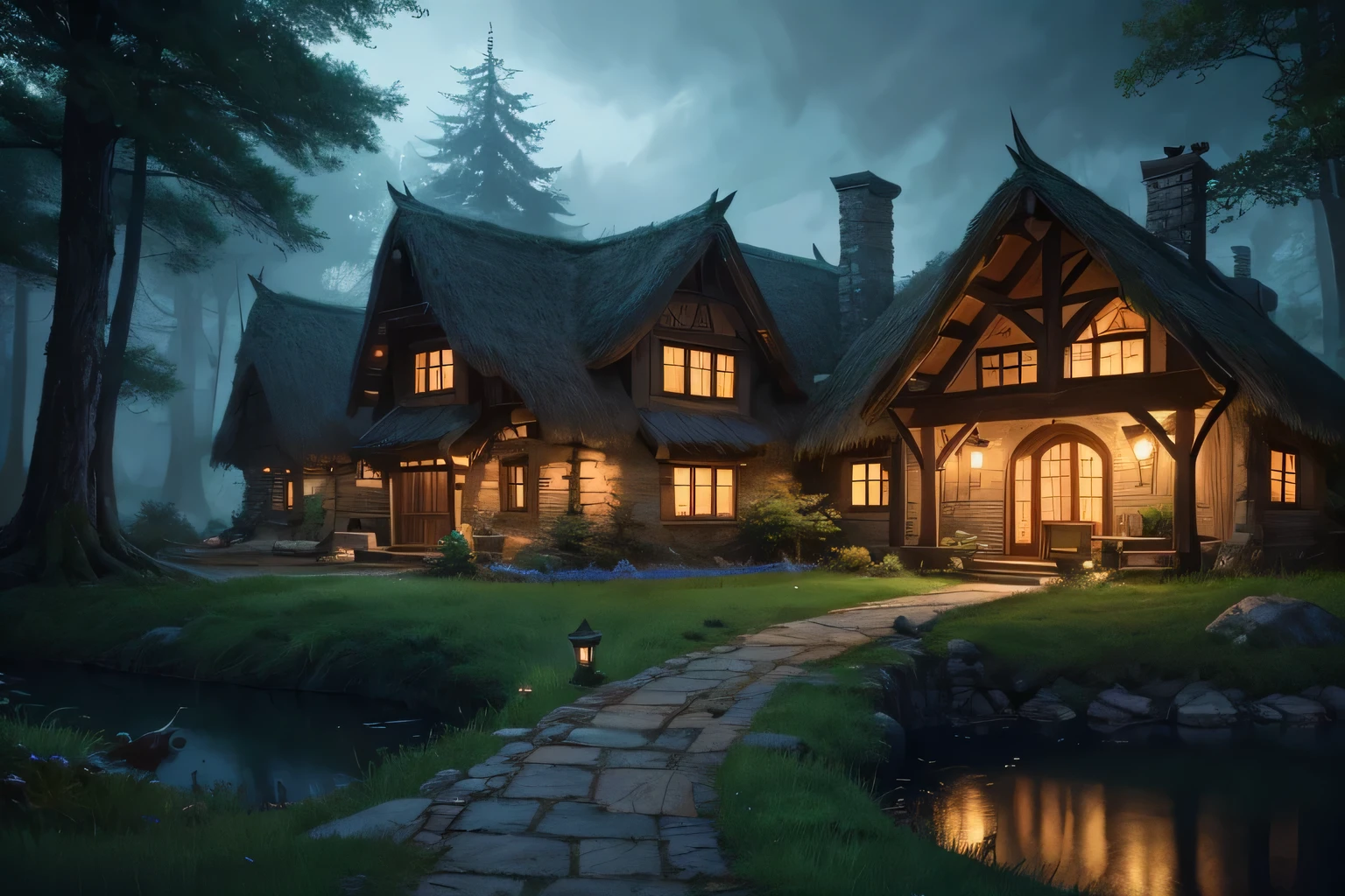 Night view of a house with a path through the forest, Concept art inspired by Andreas Rocha, Artstation Contest Winner, Fantasy art, Beautiful depiction of a fairy tale, fantasy house, A pleasant and enchanting scene, realistic Fantasy Rendering, Andreas Rocha Style, dark Fantasy Setting, Fantasy Setting, Fantasy Rendering, cottage in the woods, By Andreas Rocha