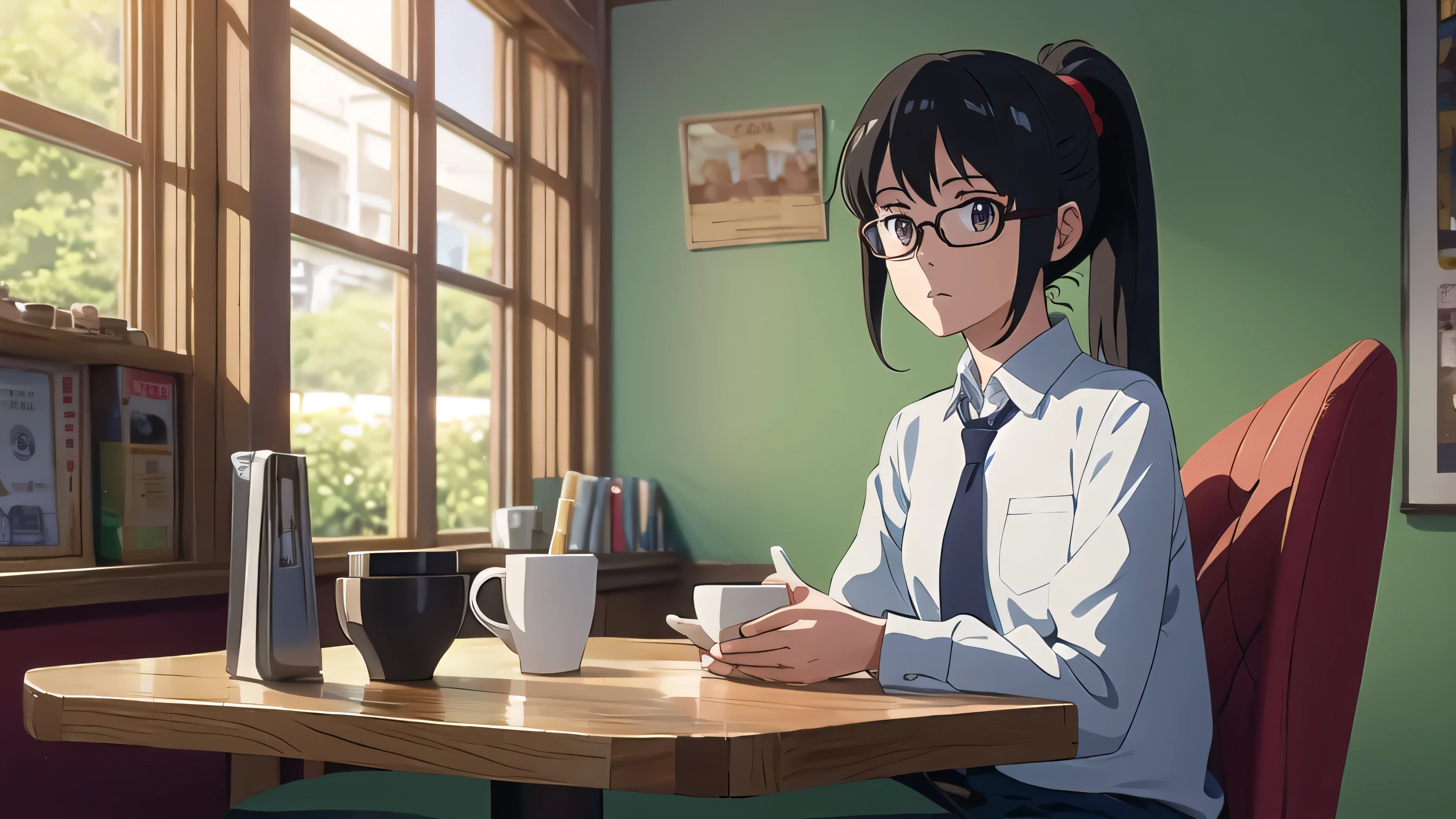 Ghibli, anime,Cafe, A 20-year-old girl with glasses and a gentle face sitting on a denim chair wearing a tie and drinking coffee alone, ponytail hairstyle, high resolution,,