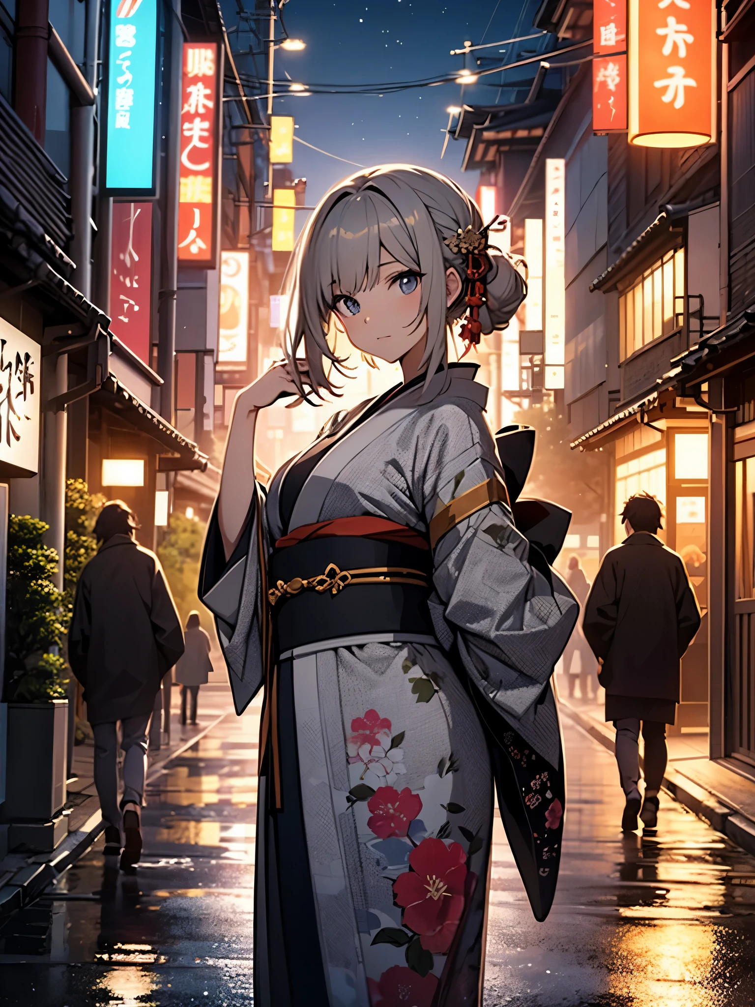 How to Create the Perfect Hourglass Anime Girl Illustration, Gray Hair, And tanned Japanese skin, In a new and lively pose. She is wearing a kimono that flatters her body lines., Reflecting the Golden Ratio. The kimono features a contemporary design that symbolizes innovation and progress.. her eyes are meticulously crafted, Shining with clarity and emotion, She invites the viewer into her vibrant world.. In the background、The nighttime streets of Japan are depicted in detail., Bringing to life with the brilliance of light and the energy of an urban environment. This work、The aim is to capture the entire scene, Highlight the exquisite beauty of anime girls, The sophistication of her outfit, And the dynamic backdrop of the Japanese night. This image is a masterpiece, Depicts anime girls in fresh poses、Emphasise the depth of the characters and the artistic harmony of the scene.
