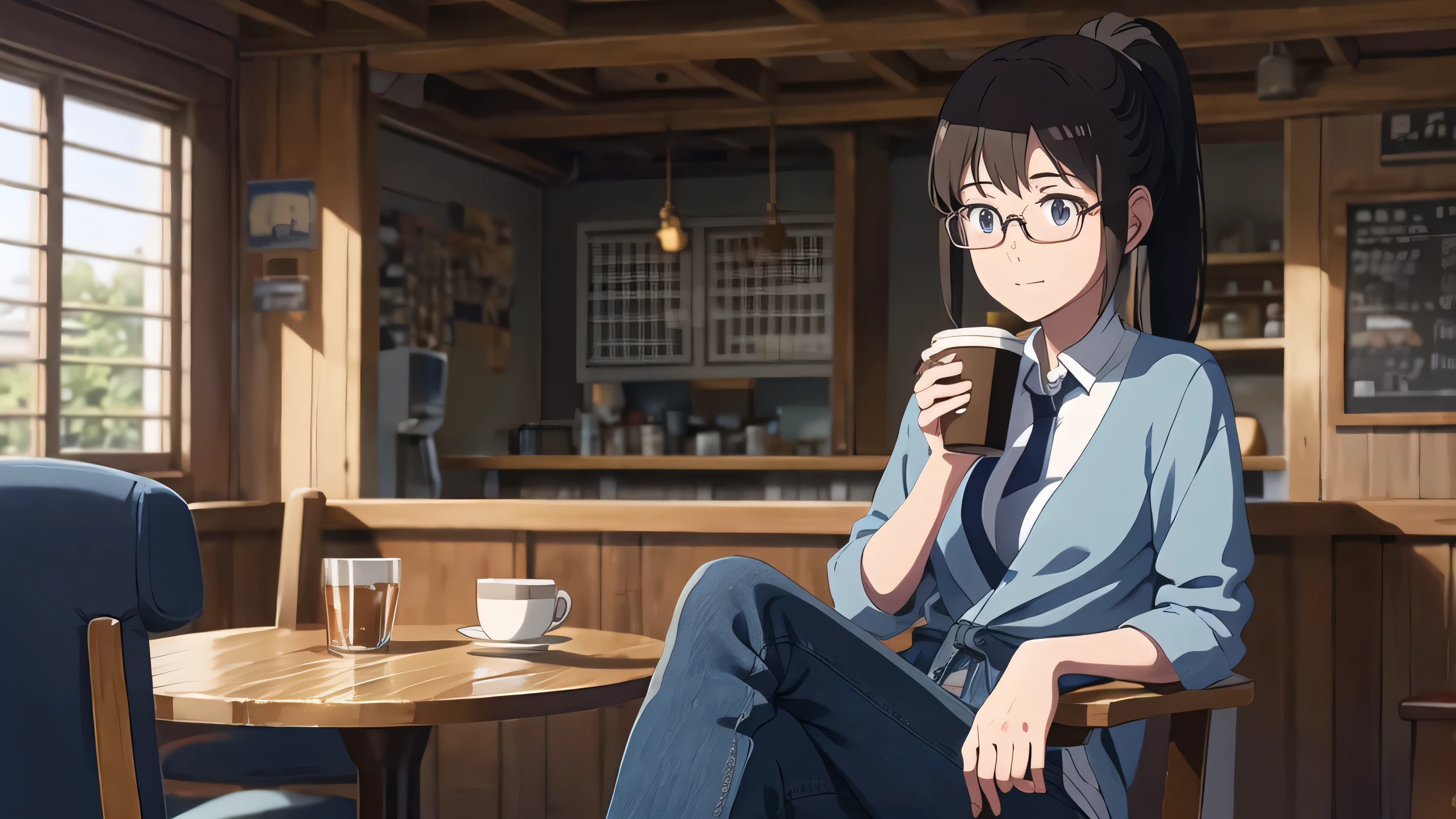 Ghibli, anime,Cafe, A 20-year-old girl with glasses and a gentle face sitting on a denim chair wearing a tie and drinking coffee alone, ponytail hairstyle, high resolution,,