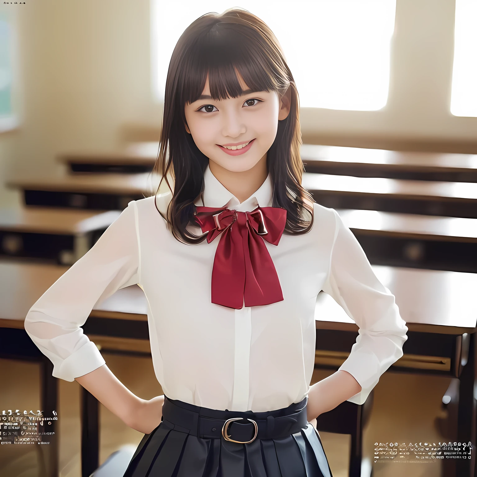 (highest quality, masterpiece:1.2), highest quality, Realistic, photograph, High resolution, 1080p, 8K, Physical Rendering, ((Height: 155cm)), ((((((Some beautiful Japanese fashion magazine's fashion models are looking straightly at the viewer)))))), (((big very detailed Japanese beautiful dark brown eyes))), ((((Everyone is loving and laughing at me!)))), detailed fingers, (((curled blunt bangs))), ((((Very noble and cute eyes, carefully drawn with great attention to detail)))), ((double eyelids)), (((long eyelashes))), ((cute lovely lovely laughing laughing cheeks)), ((The pure white light hits my nose and cheeks. Her eyes and white facial skin shine beautifully white.)), (((((Her facial features are very expressive noble smile, very sweet, very very intelligent))))), ((((impressive red super-large school ribbon bow tie in plain)))), ((((black very beautiful and very long bobbed hair)))), ((((red formal long pleated skirt)))), ((((A red school sailor-style uniform with pink blouse)))), ((light white Japanese girl's classroom)
